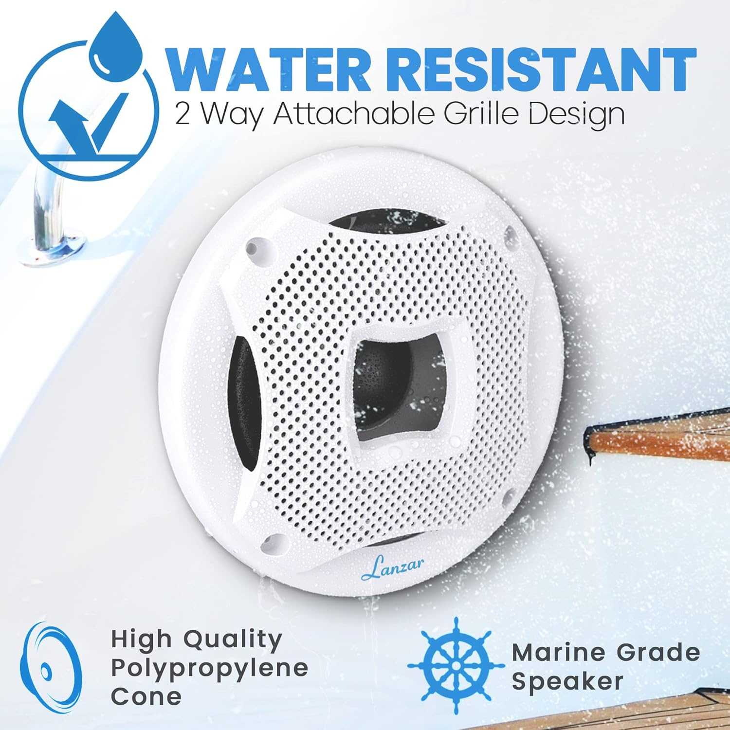 Two Way Marine Speaker System, One Pair 6.5 inch Marine Component Speaker, 450 Watts Max Power with 4 Ohm Impedance, Waterproof, Flush Mount Capability, Resin Treatment Cloth Surround, White