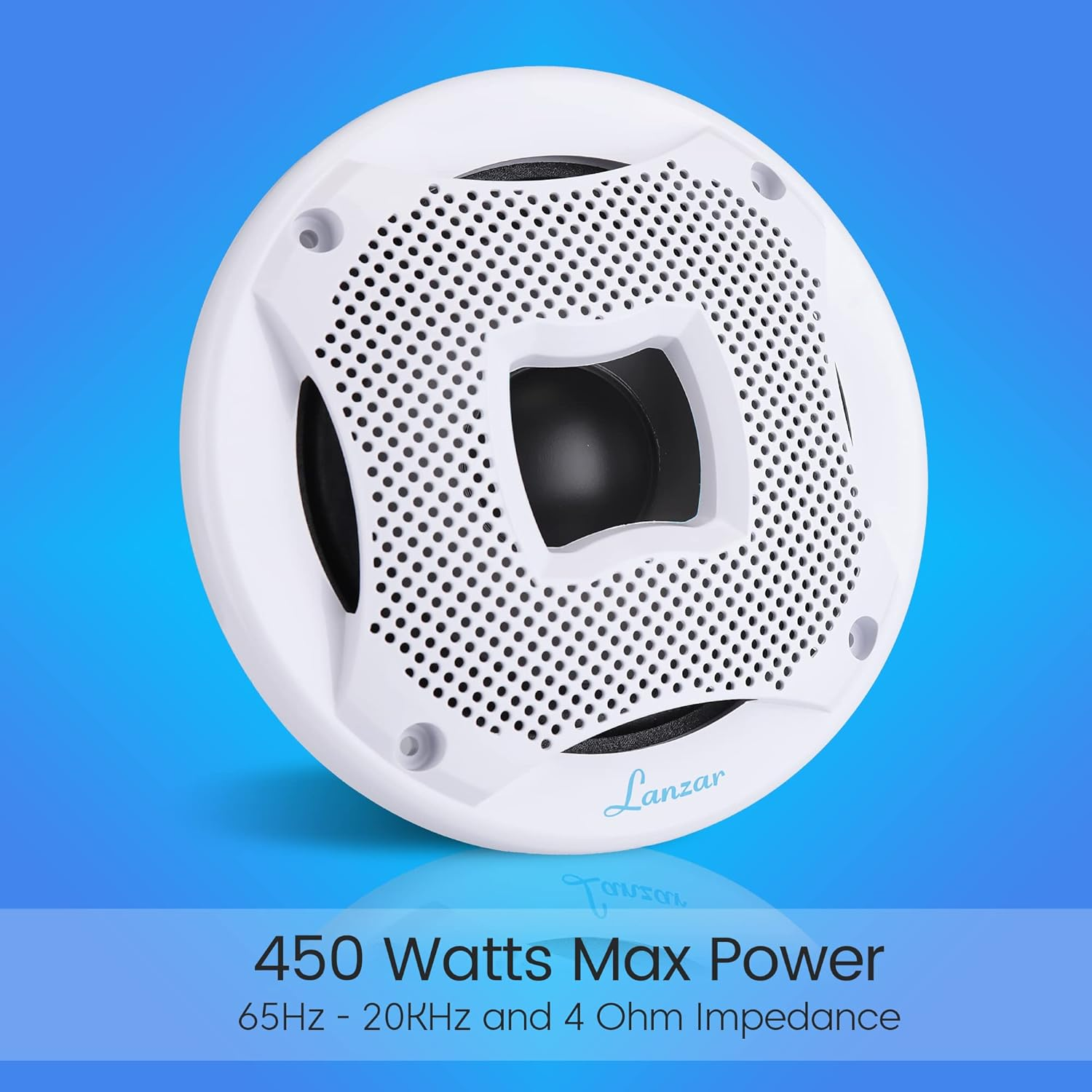 Two Way Marine Speaker System, One Pair 6.5 inch Marine Component Speaker, 450 Watts Max Power with 4 Ohm Impedance, Waterproof, Flush Mount Capability, Resin Treatment Cloth Surround, White