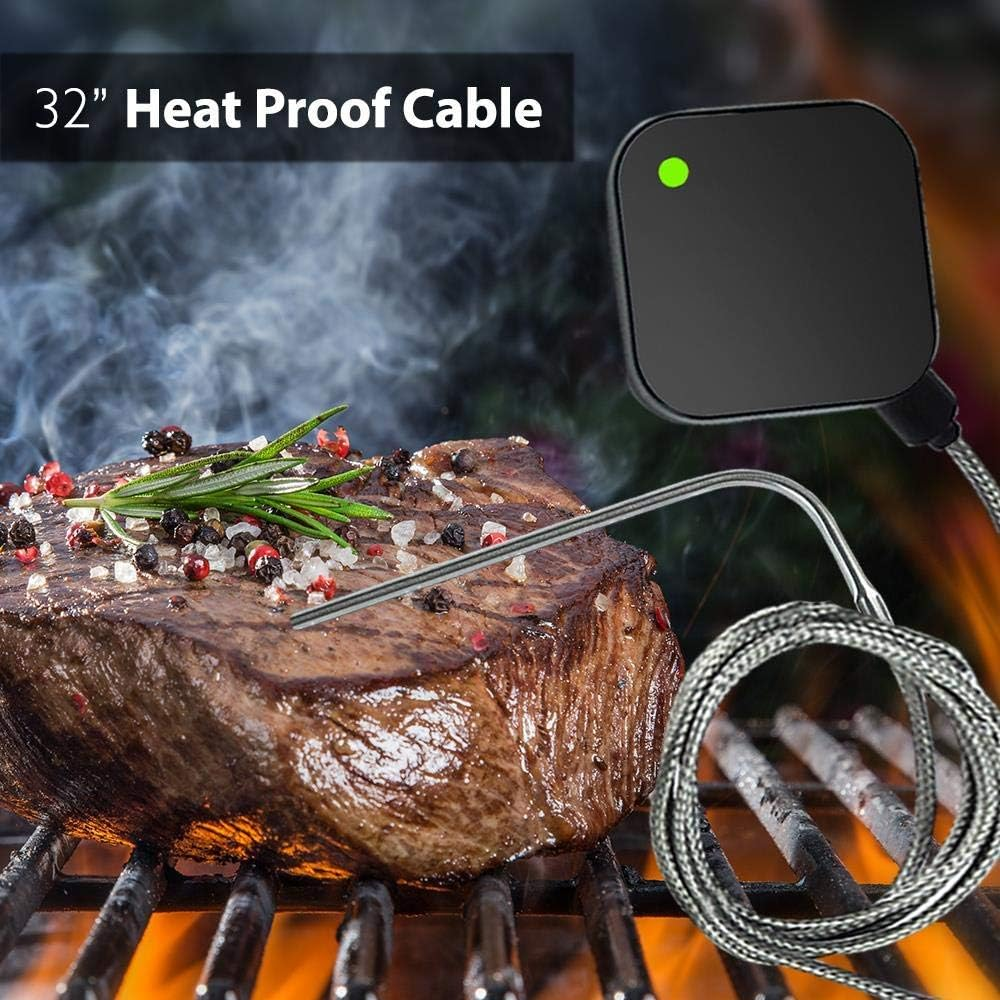 NutriChef Smart Bluetooth BBQ Grill Thermometer - Upgraded Stainless Probe Safe to Leave in Oven, Outdoor Barbecue or Meat Smoker - Wireless Remote Alert iOS Android Phone WiFi App -PWIRBBQ40