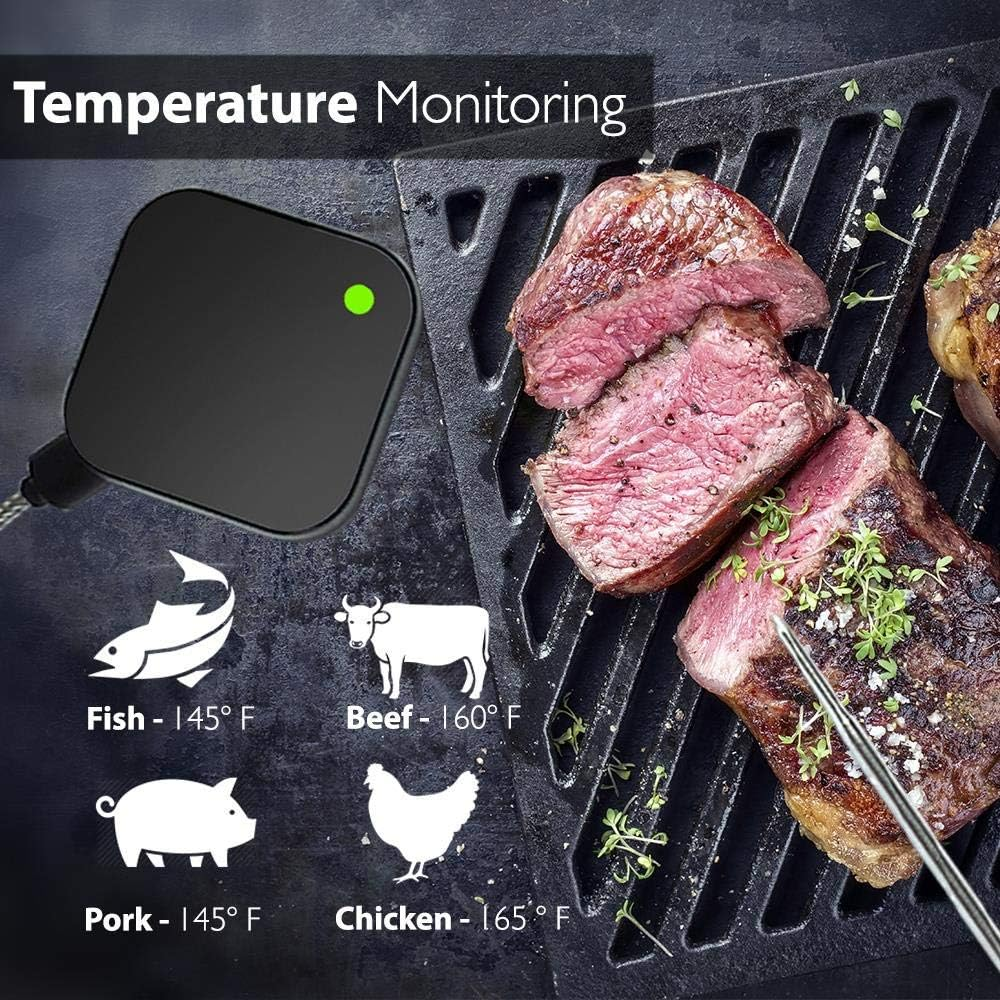 NutriChef Smart Bluetooth BBQ Grill Thermometer - Upgraded Stainless Probe Safe to Leave in Oven, Outdoor Barbecue or Meat Smoker - Wireless Remote Alert iOS Android Phone WiFi App -PWIRBBQ40