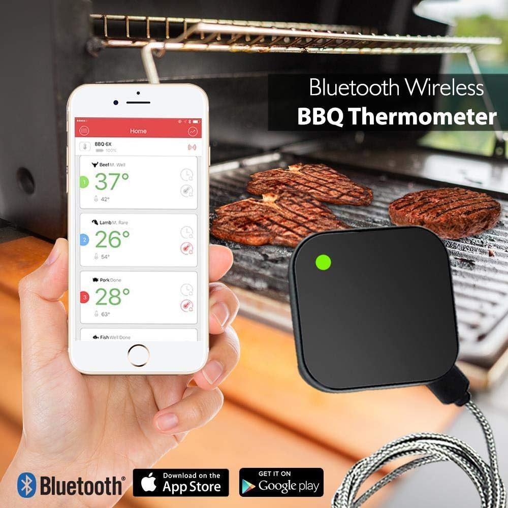 NutriChef Smart Bluetooth BBQ Grill Thermometer - Upgraded Stainless Probe Safe to Leave in Oven, Outdoor Barbecue or Meat Smoker - Wireless Remote Alert iOS Android Phone WiFi App -PWIRBBQ40