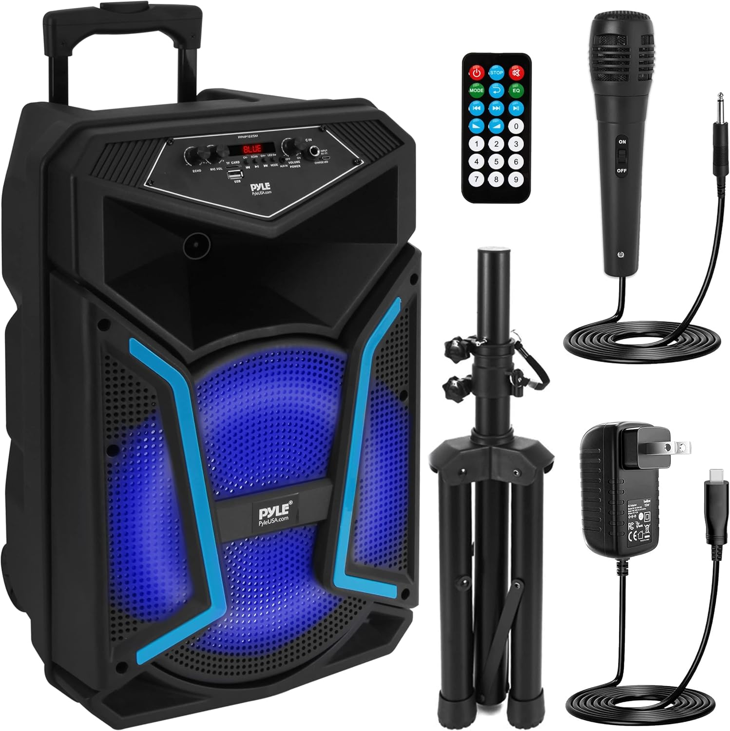 PYLE System-800W Outdoor Bluetooth Speaker Portable PA System W/Microphone in, Party Lights, MP3/USB SD Card Reader, FM Radio, Rolling Wheels-Mic, Remote (PPHP122SM)