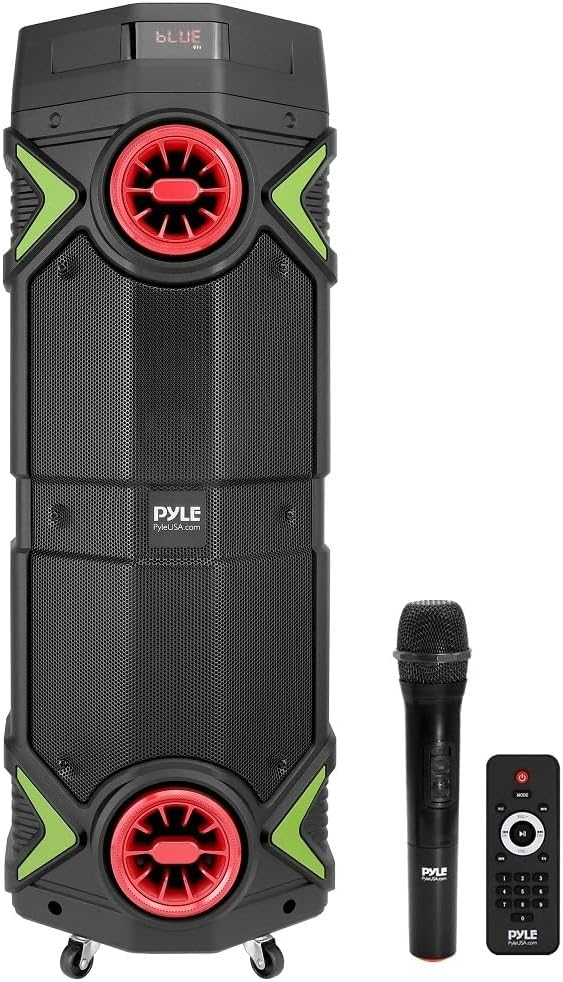 400W Portable Bluetooth PA Speaker - Dual 8” Rechargeable Outdoor Karaoke System with Party Lights, LED Display, FM Radio, AUX, MP3, USB, SD Card, 1/4" Input, Handle, Wheels, Wireless Mic, and Remote Control