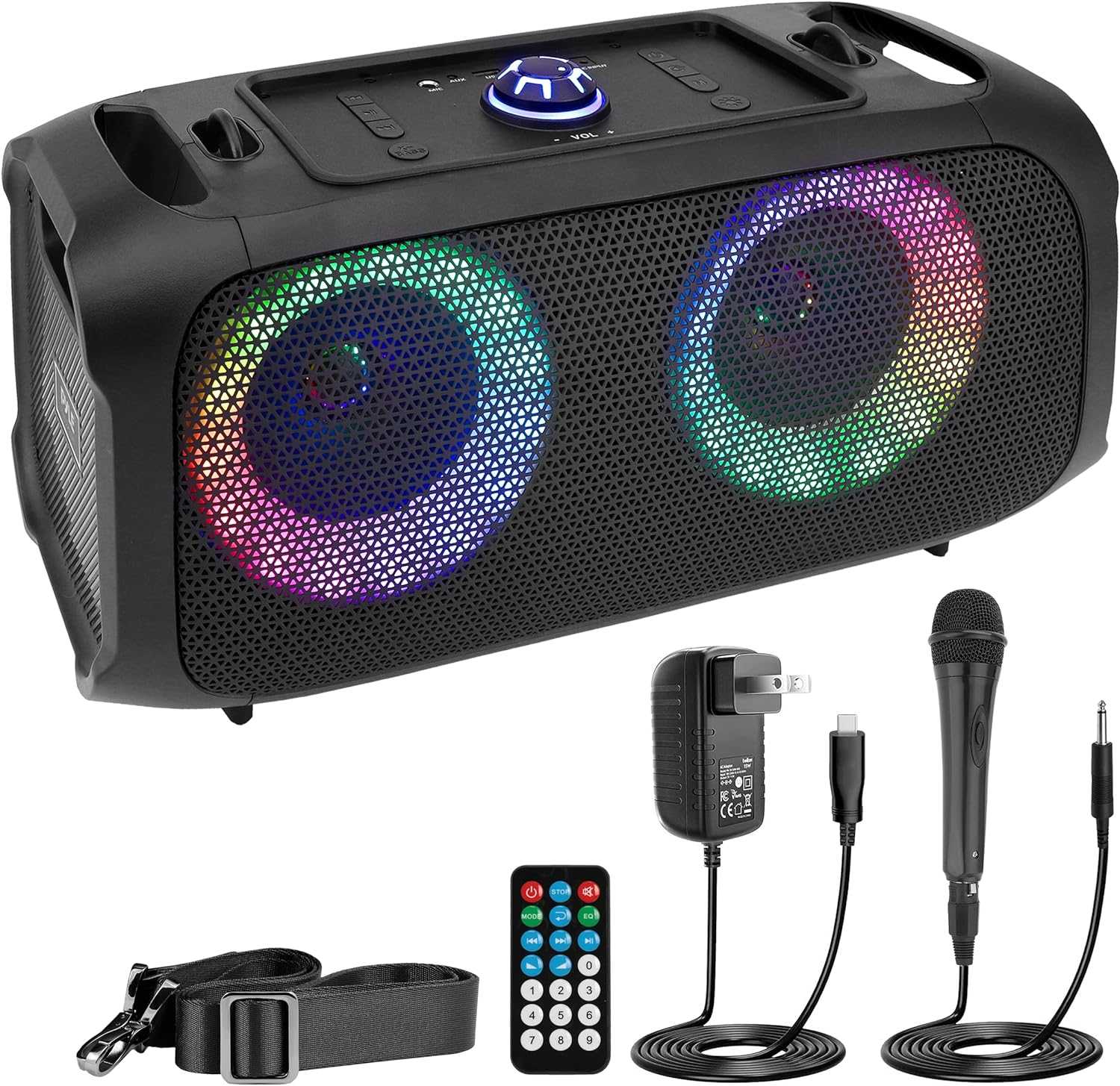 Wireless Portable Bluetooth Boombox Speaker - 500W Rechargeable Barrel Speaker with Flashing LED Lights, FM Radio, AUX, MP3, USB Flash Drive, Micro SD, and 1/4" Input - Pyle PPHP652B