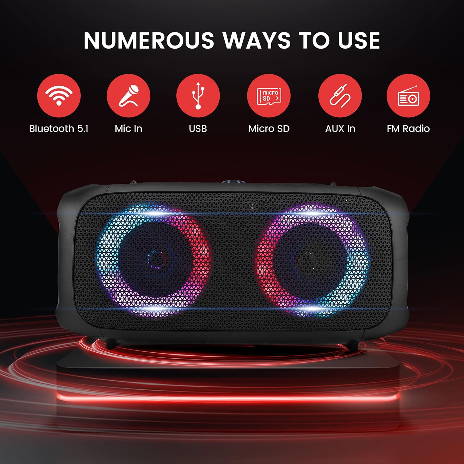 Wireless Portable Bluetooth Boombox Speaker - 500W Rechargeable Barrel Speaker with Flashing LED Lights, FM Radio, AUX, MP3, USB Flash Drive, Micro SD, and 1/4" Input - Pyle PPHP652B