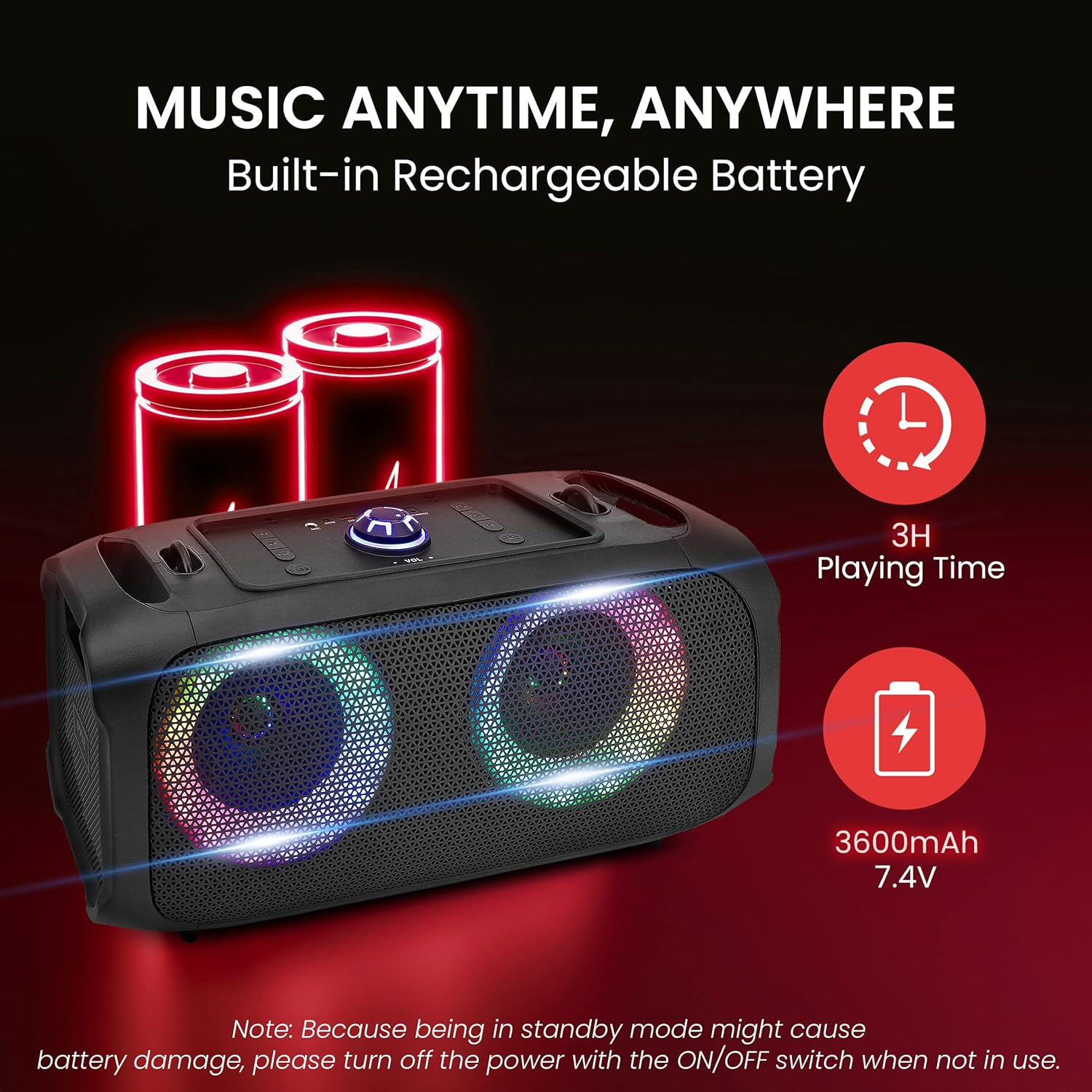 Wireless Portable Bluetooth Boombox Speaker - 500W Rechargeable Barrel Speaker with Flashing LED Lights, FM Radio, AUX, MP3, USB Flash Drive, Micro SD, and 1/4" Input - Pyle PPHP652B