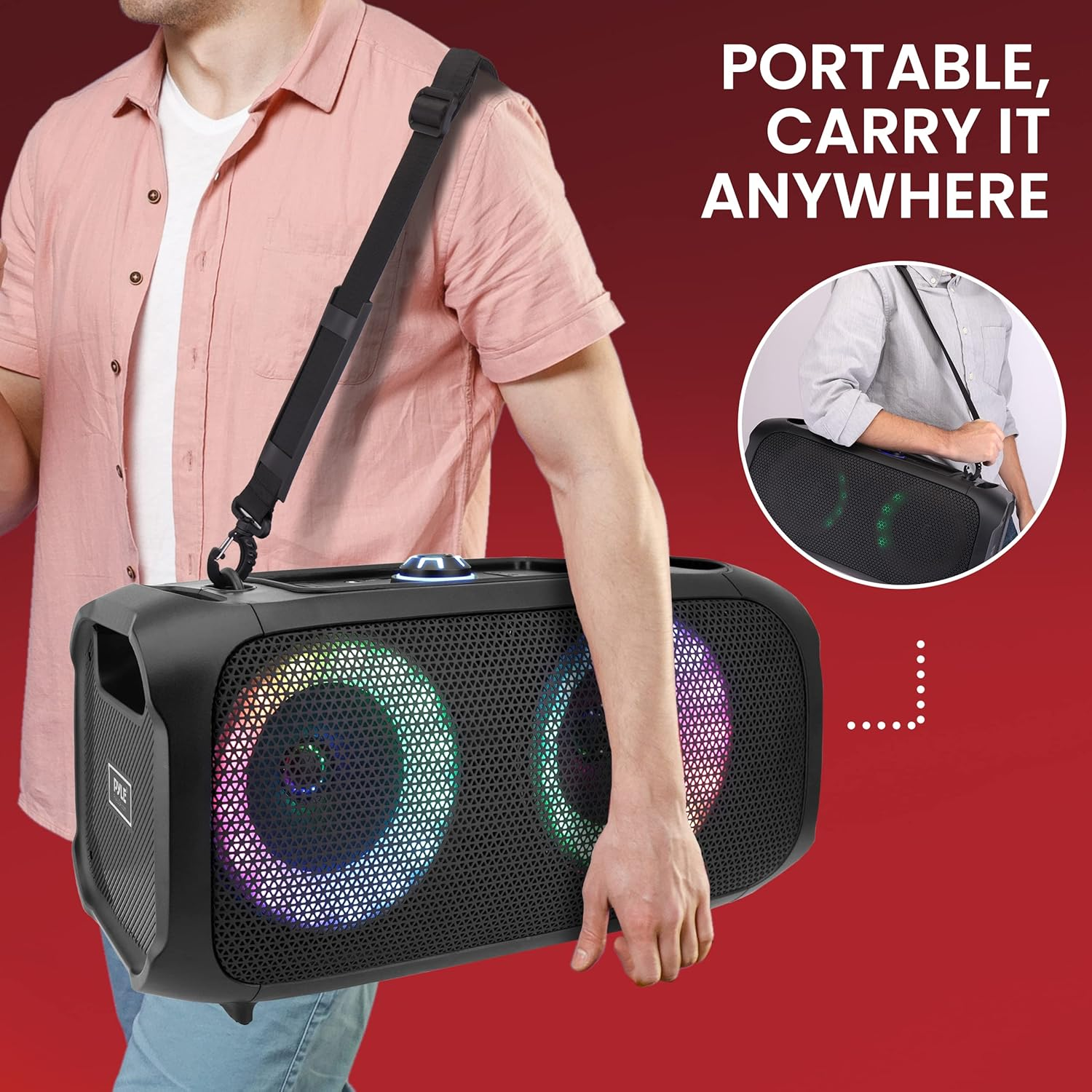 Wireless Portable Bluetooth Boombox Speaker - 500W Rechargeable Barrel Speaker with Flashing LED Lights, FM Radio, AUX, MP3, USB Flash Drive, Micro SD, and 1/4" Input - Pyle PPHP652B