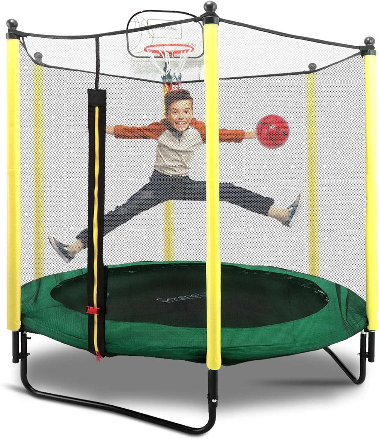 SereneLife 5ft Indoor/Outdoor Mini Trampoline for Toddlers with Safety Net, Basketball Hoop, and Enclosure, Perfect for Kids' Jumping Fun and Birthday Gifts