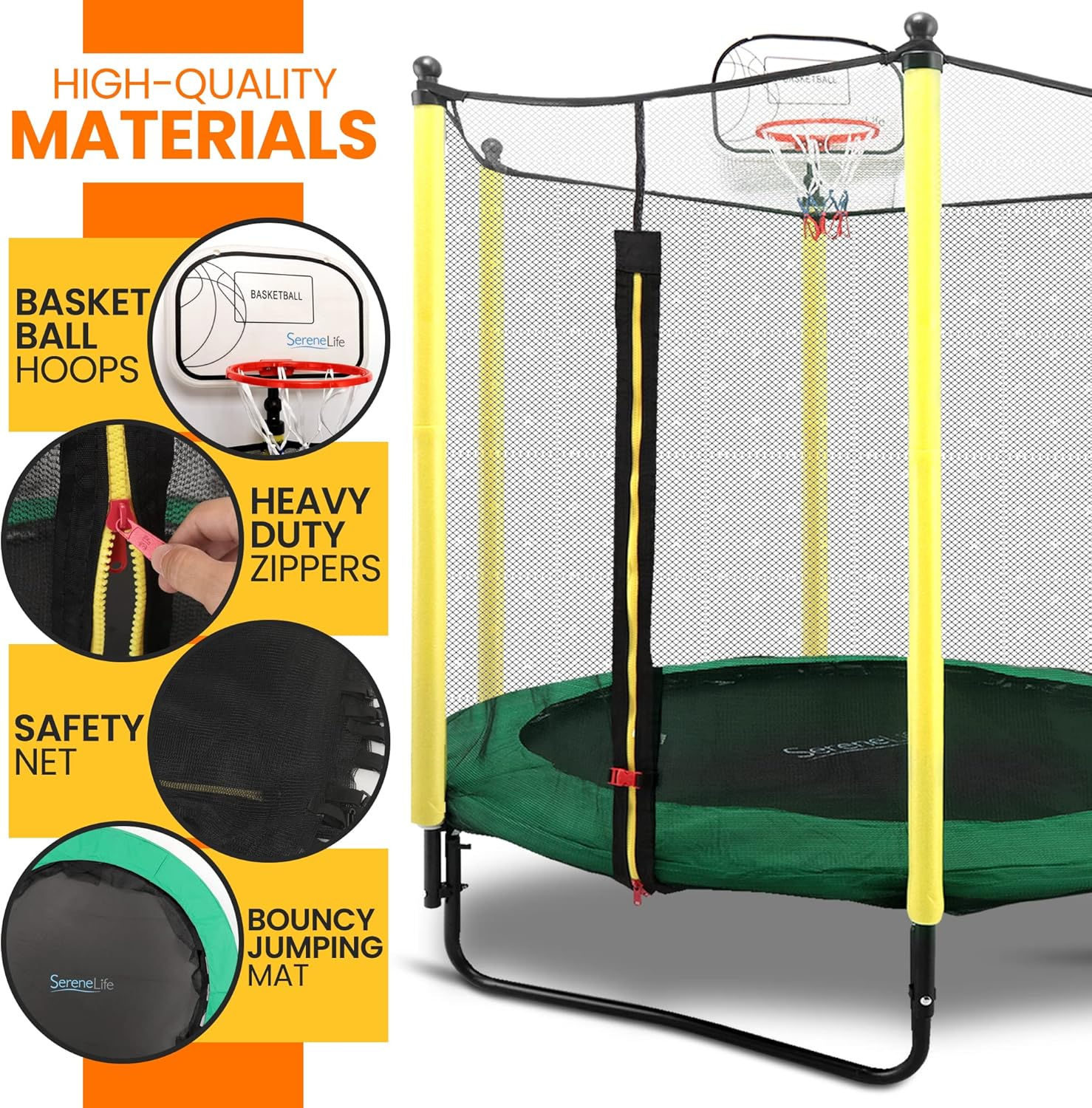 SereneLife 5ft Indoor/Outdoor Mini Trampoline for Toddlers with Safety Net, Basketball Hoop, and Enclosure, Perfect for Kids' Jumping Fun and Birthday Gifts