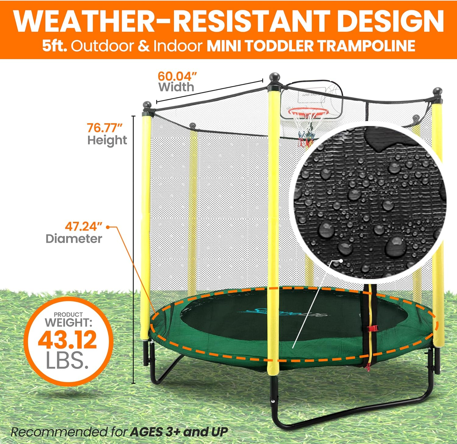 SereneLife 5ft Indoor/Outdoor Mini Trampoline for Toddlers with Safety Net, Basketball Hoop, and Enclosure, Perfect for Kids' Jumping Fun and Birthday Gifts