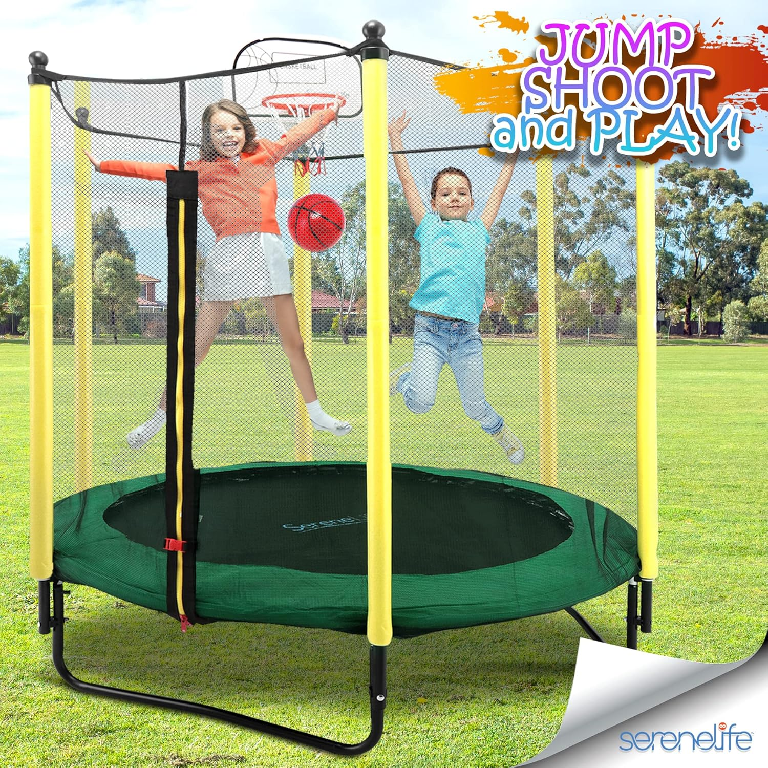 SereneLife 5ft Indoor/Outdoor Mini Trampoline for Toddlers with Safety Net, Basketball Hoop, and Enclosure, Perfect for Kids' Jumping Fun and Birthday Gifts