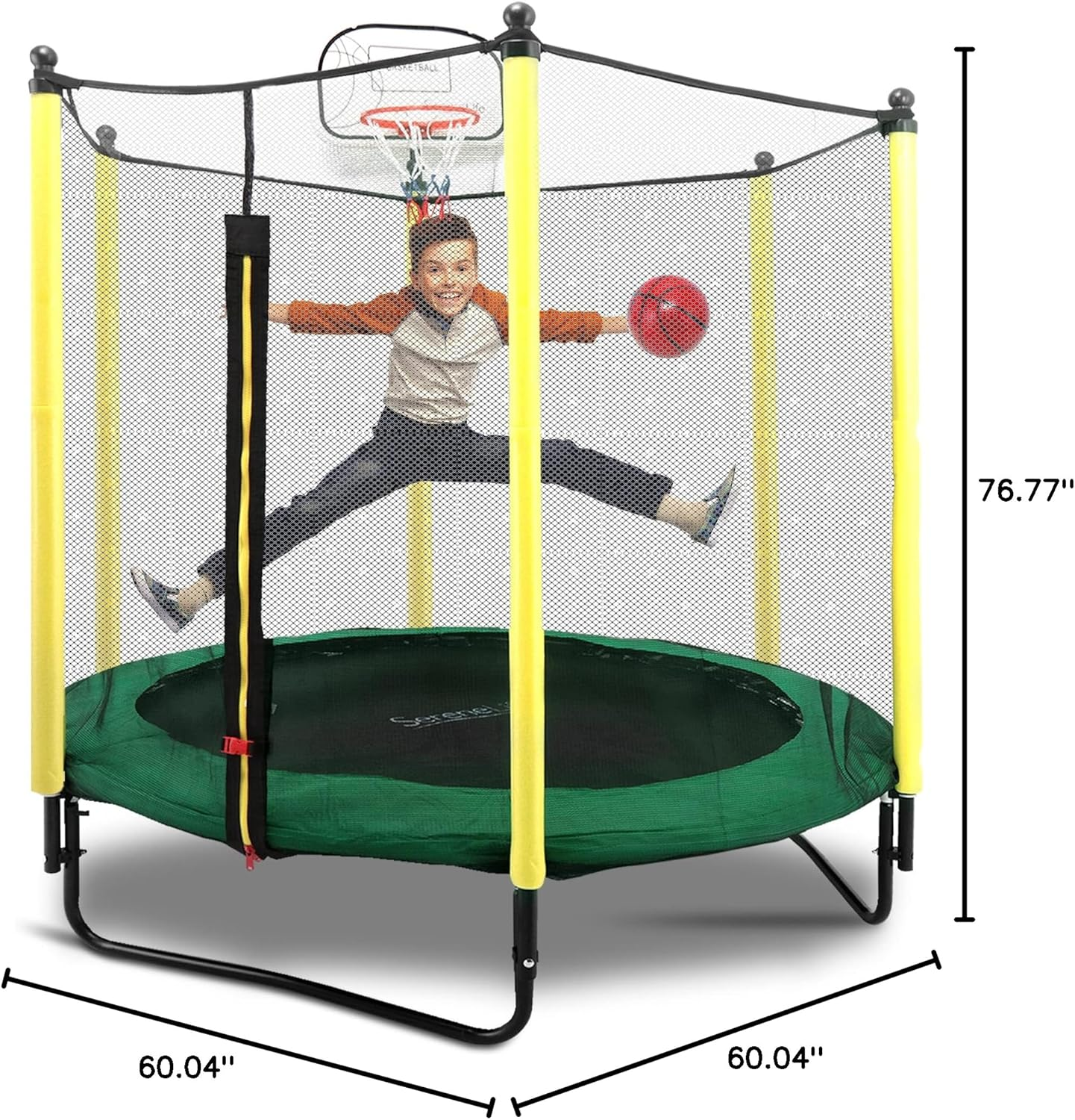 SereneLife 5ft Indoor/Outdoor Mini Trampoline for Toddlers with Safety Net, Basketball Hoop, and Enclosure, Perfect for Kids' Jumping Fun and Birthday Gifts