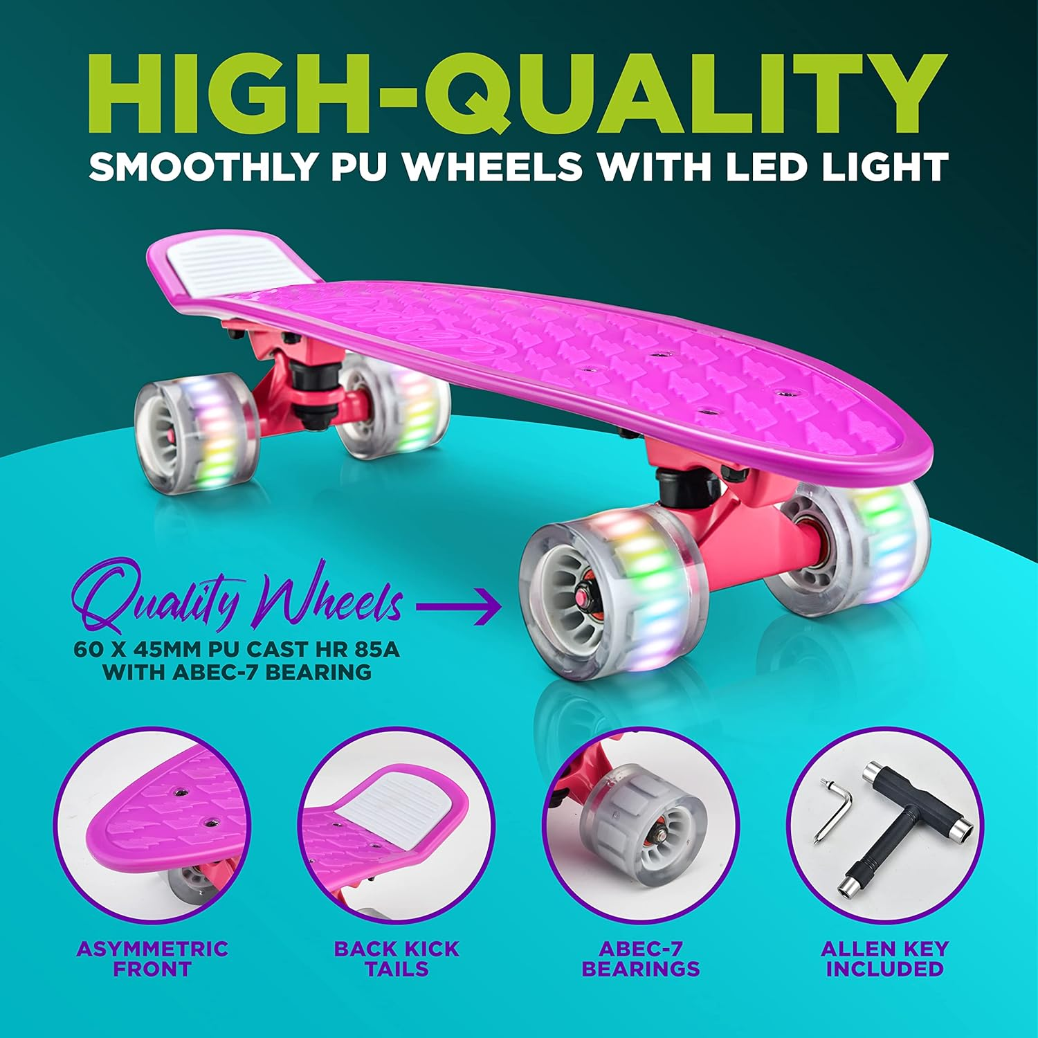 Mini Cruiser Skateboard - 6'' PP Deck, Double Kick, 3.25'' Aluminum Alloy Trucks, PU Wheels with LED Lights, Suitable for Kids, Teens, and Adults