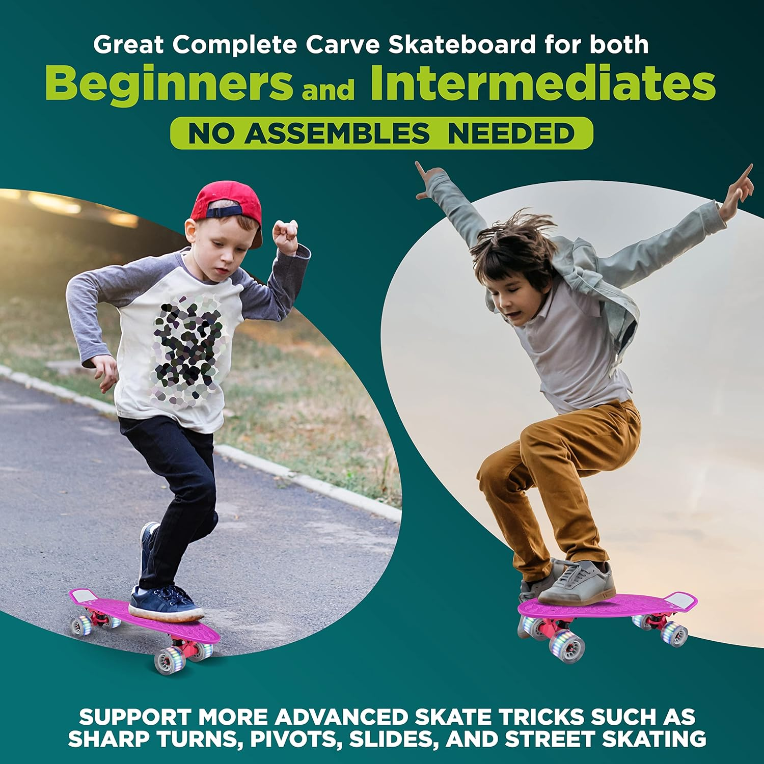 Mini Cruiser Skateboard - 6'' PP Deck, Double Kick, 3.25'' Aluminum Alloy Trucks, PU Wheels with LED Lights, Suitable for Kids, Teens, and Adults