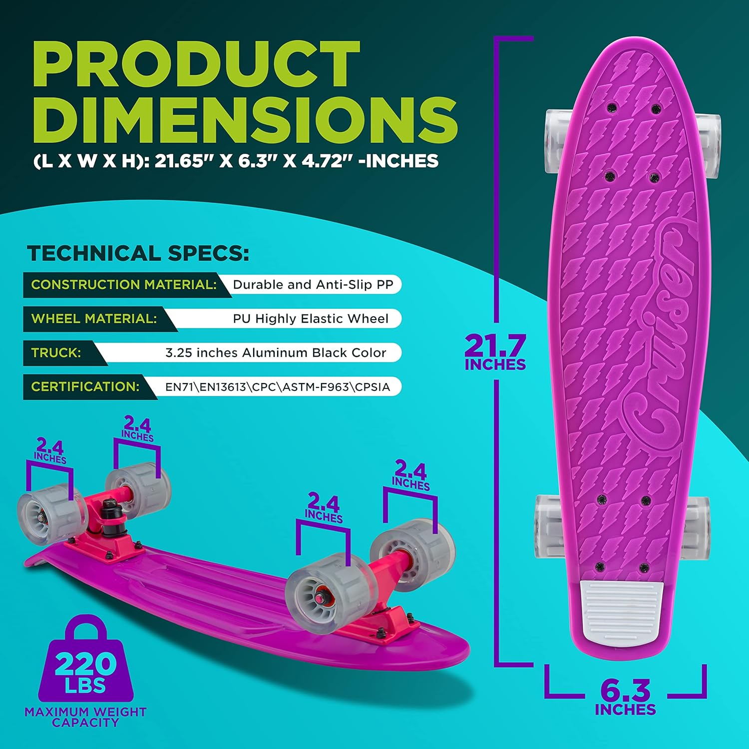 Mini Cruiser Skateboard - 6'' PP Deck, Double Kick, 3.25'' Aluminum Alloy Trucks, PU Wheels with LED Lights, Suitable for Kids, Teens, and Adults