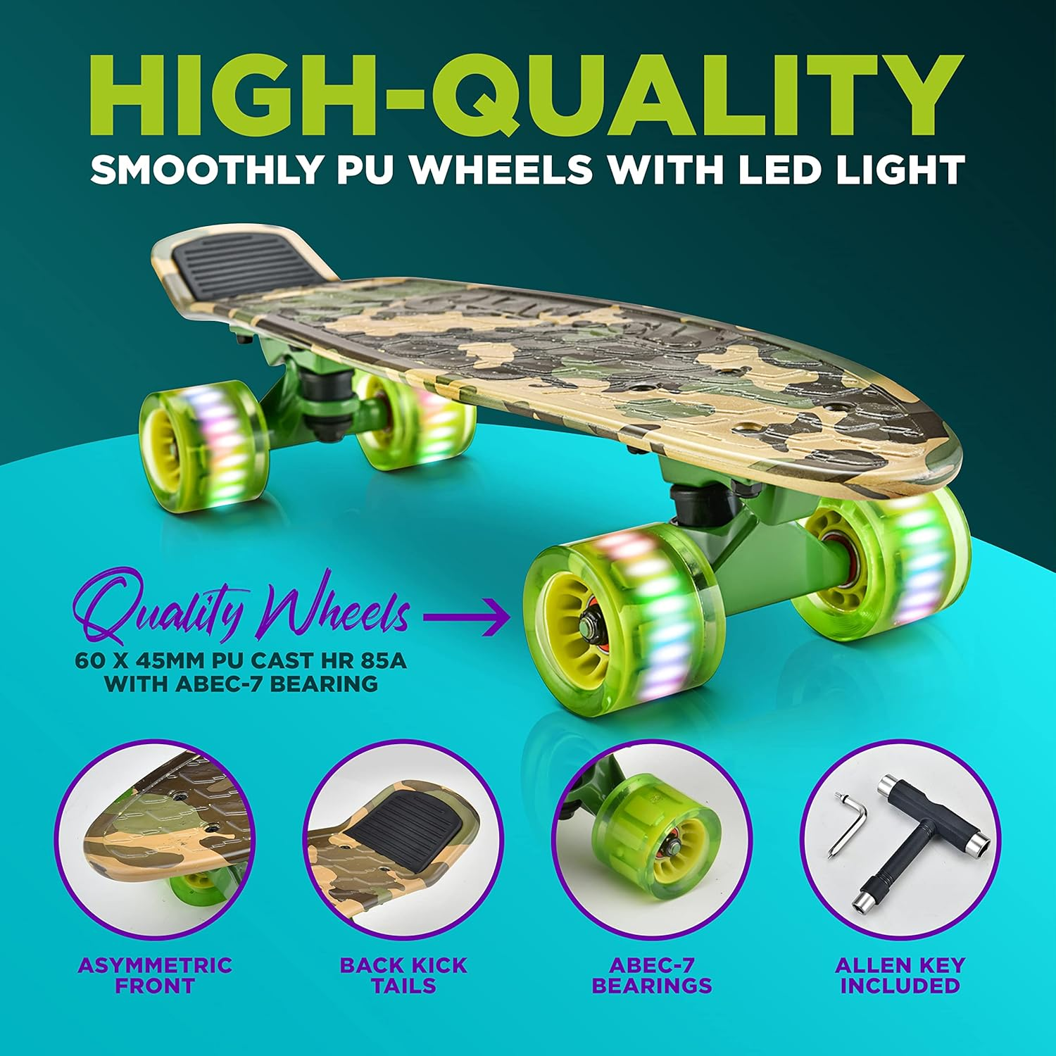 6'' Mini Cruiser Skateboard with PP Deck, Double Kick Design, 3.25'' Aluminum Alloy Trucks, and LED PU Wheels - Suitable for Kids, Teens, and Adults