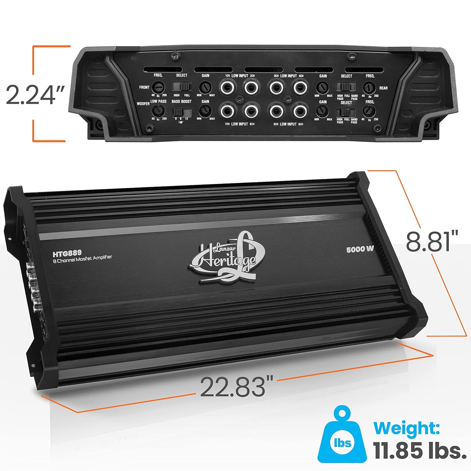 8-Channel MOSFET Amplifier - Class AB, High-Current Dual Discrete Drive Stages, 2 Ohm Stereo Stable, High Pass/Low Pass Filter Controls, for Car Speakers (HTG889)