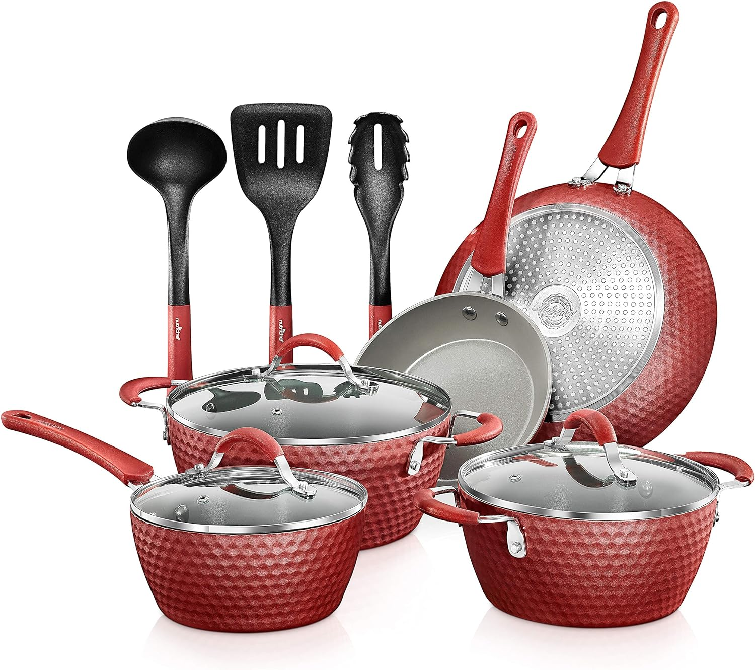 Nutrichef Kitchenware Pots & Pans - 11-Piece Cookware Set with Elegant Diamond Pattern, Gray Interior & Red Exterior, Non-Stick, Metal + Silicone Handles (Model NCCW11RDD)