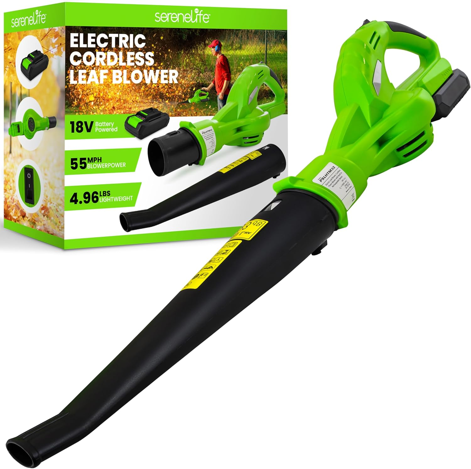 Updated SereneLife Cordless Electric Leaf Blower – Lightweight at 5 lbs., Ideal for Leaves & Debris, Includes Rechargeable Battery & Charger, 4-Hour Average Charge Time, 18V, 55 MPH