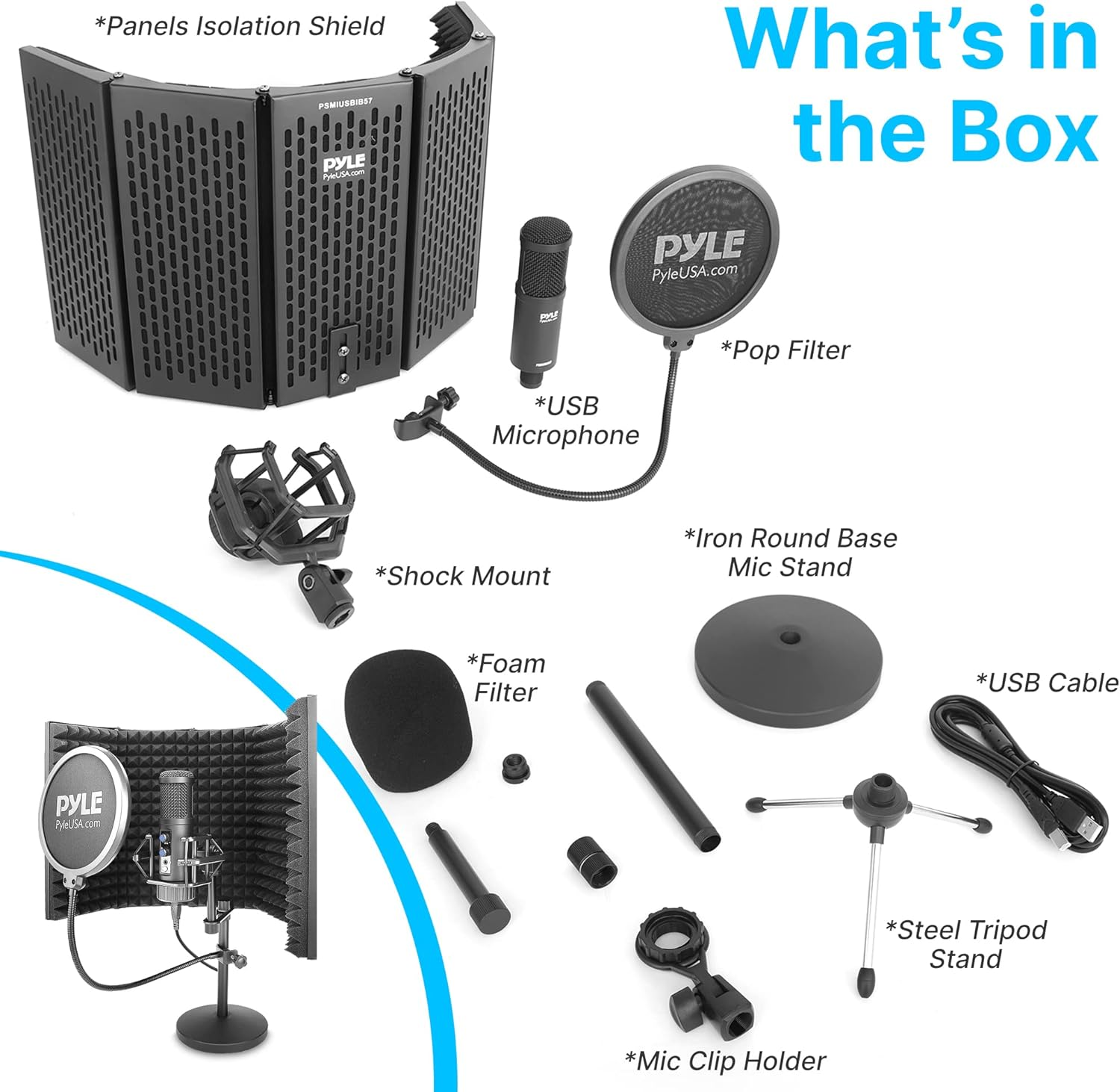 Pyle USB Compact Microphone Kit – Desktop Cardioid Condenser Mic with Stand, Cable, Shock Mount, Pop Filter, and Isolation Shield, Ideal for Gaming, Recording, Streaming, Podcasting, and YouTube