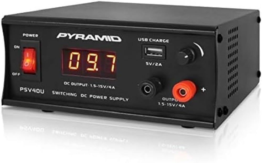 Universal 4 Amp Compact Bench Power Supply - Regulated AC-DC Converter for CB Radio, HAM with 120/240V AC, Adjustable 1.5V-15V DC, USB, and Digital LCD Display - Pyramid PSV40U