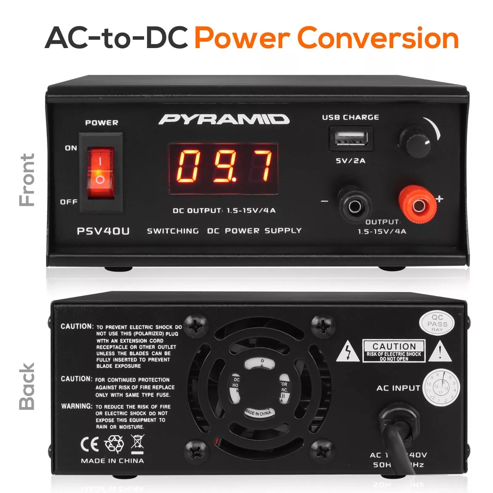 Universal 4 Amp Compact Bench Power Supply - Regulated AC-DC Converter for CB Radio, HAM with 120/240V AC, Adjustable 1.5V-15V DC, USB, and Digital LCD Display - Pyramid PSV40U