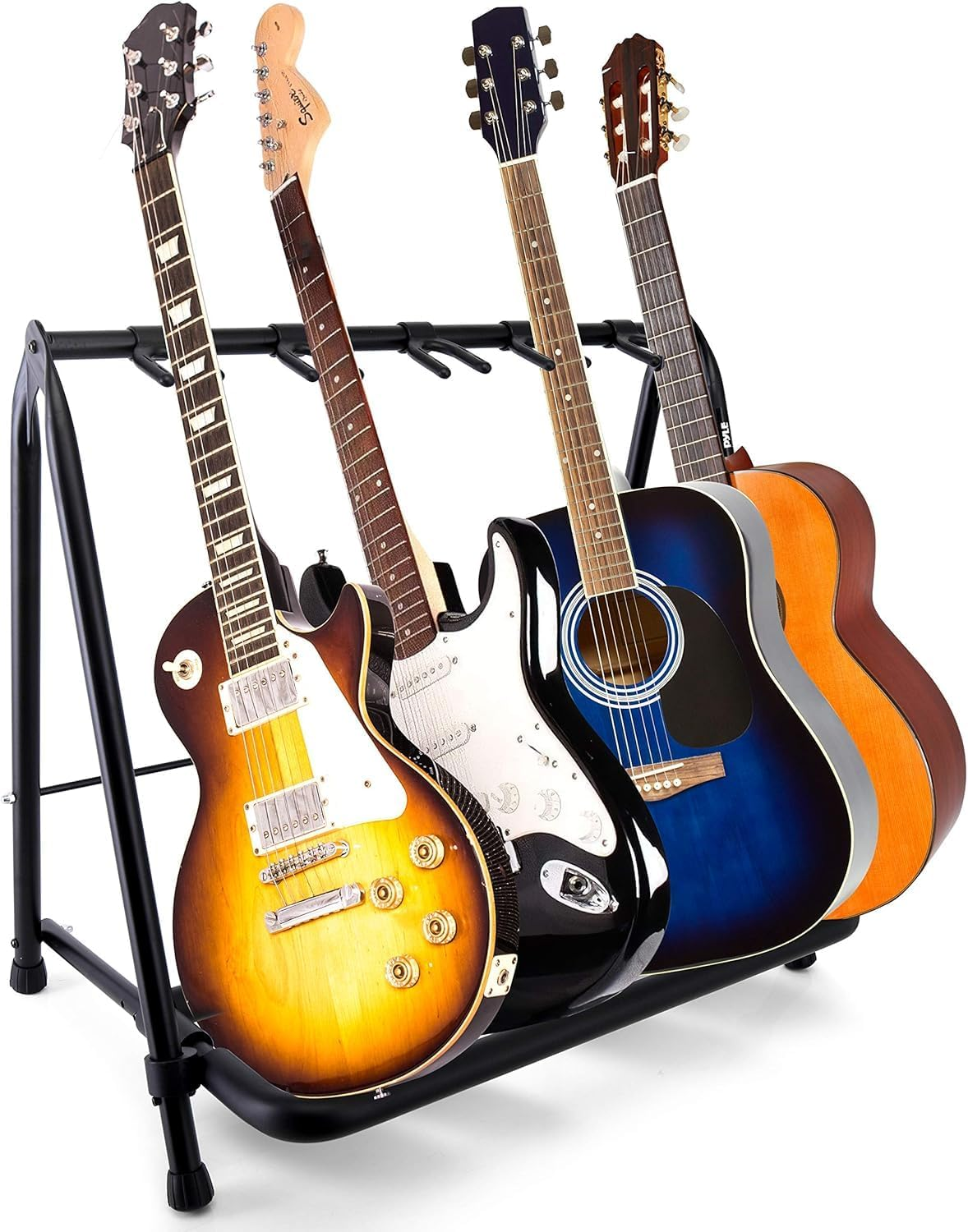 PYLE Multi Guitar Stand - 5-Space Foldable, Portable, and Collapsible Guitar Rack. Universal Holder for Easy Storage and Secure Support of Acoustic, Electric, and Bass Guitars