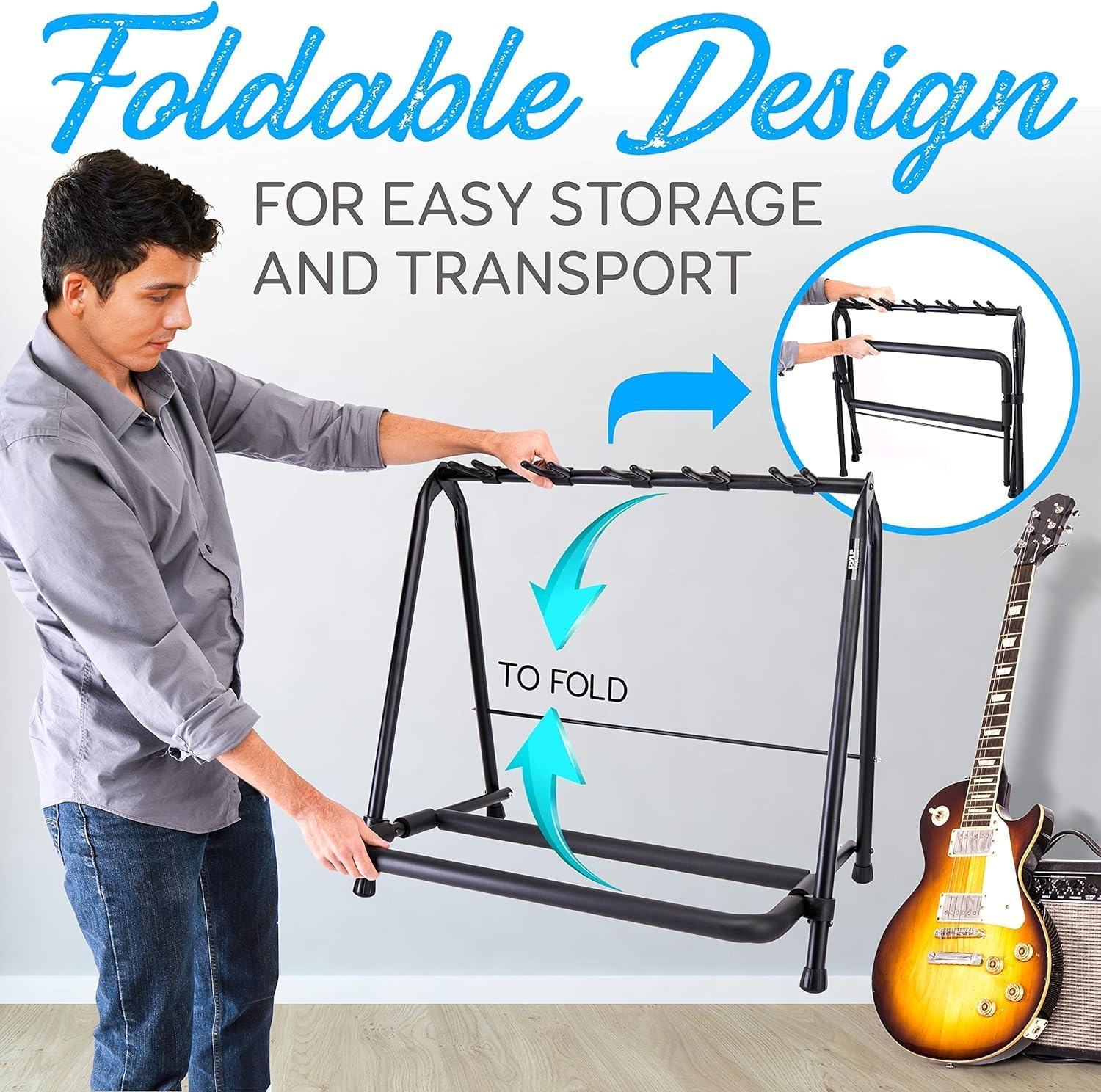 PYLE Multi Guitar Stand - 5-Space Foldable, Portable, and Collapsible Guitar Rack. Universal Holder for Easy Storage and Secure Support of Acoustic, Electric, and Bass Guitars