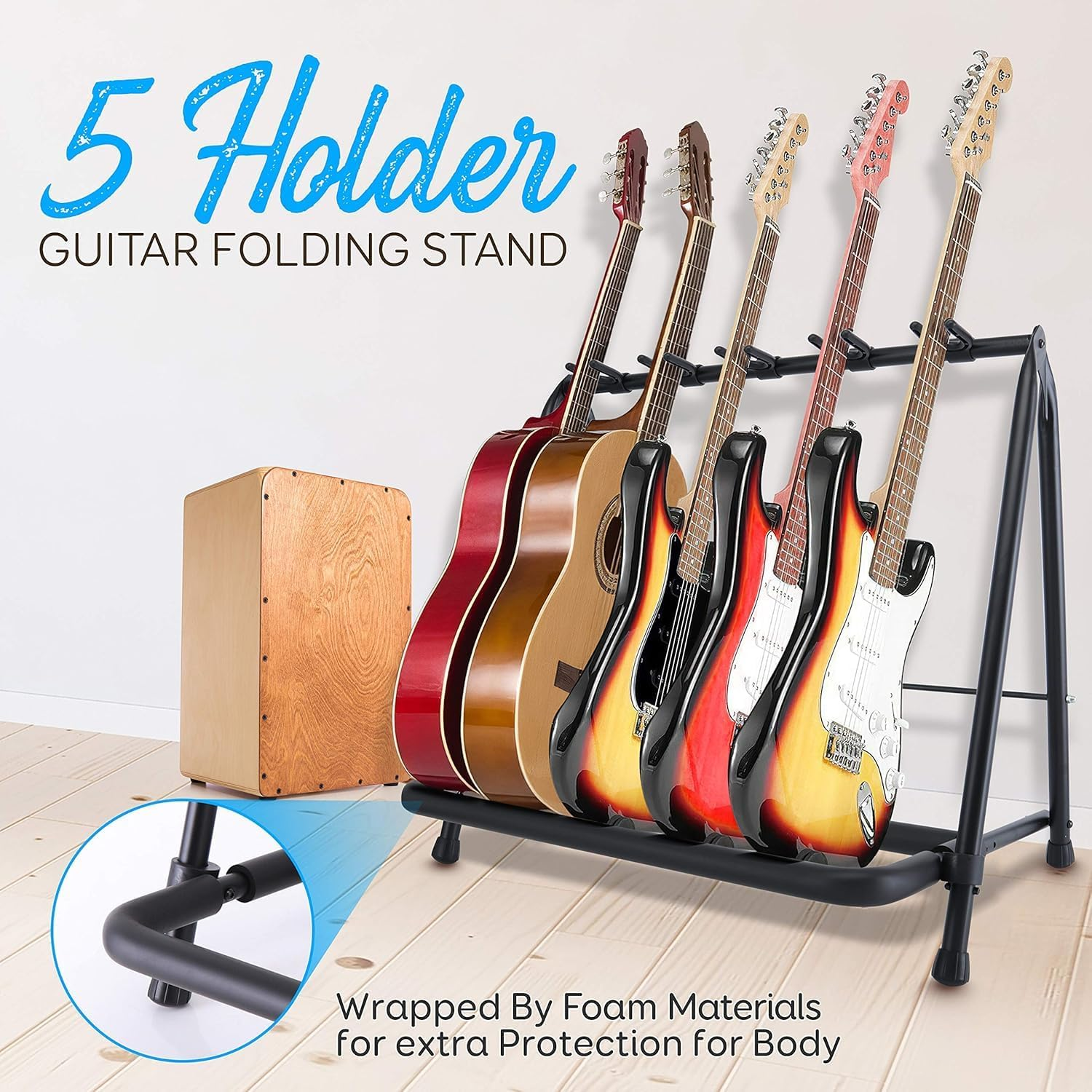 PYLE Multi Guitar Stand - 5-Space Foldable, Portable, and Collapsible Guitar Rack. Universal Holder for Easy Storage and Secure Support of Acoustic, Electric, and Bass Guitars