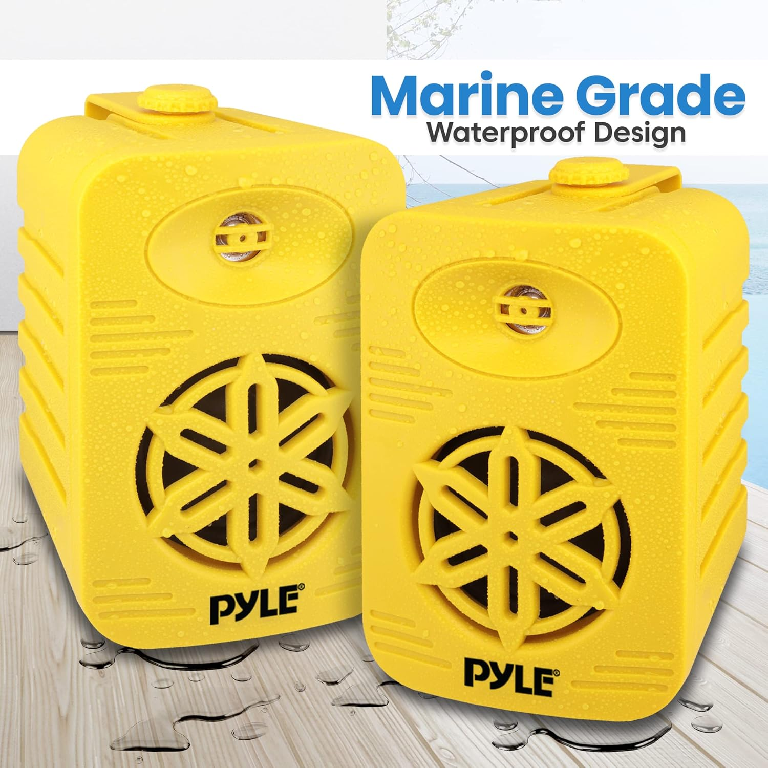 PyleUSA Indoor/Outdoor Speaker Pair - 500W Dual Waterproof 5.25" 2-Way Full-Range Speaker System with 1/2" High Compliance Polymer Tweeter for Home, Boat, Marine, Deck, Patio, and Poolside (Yellow) - PDWR55YL