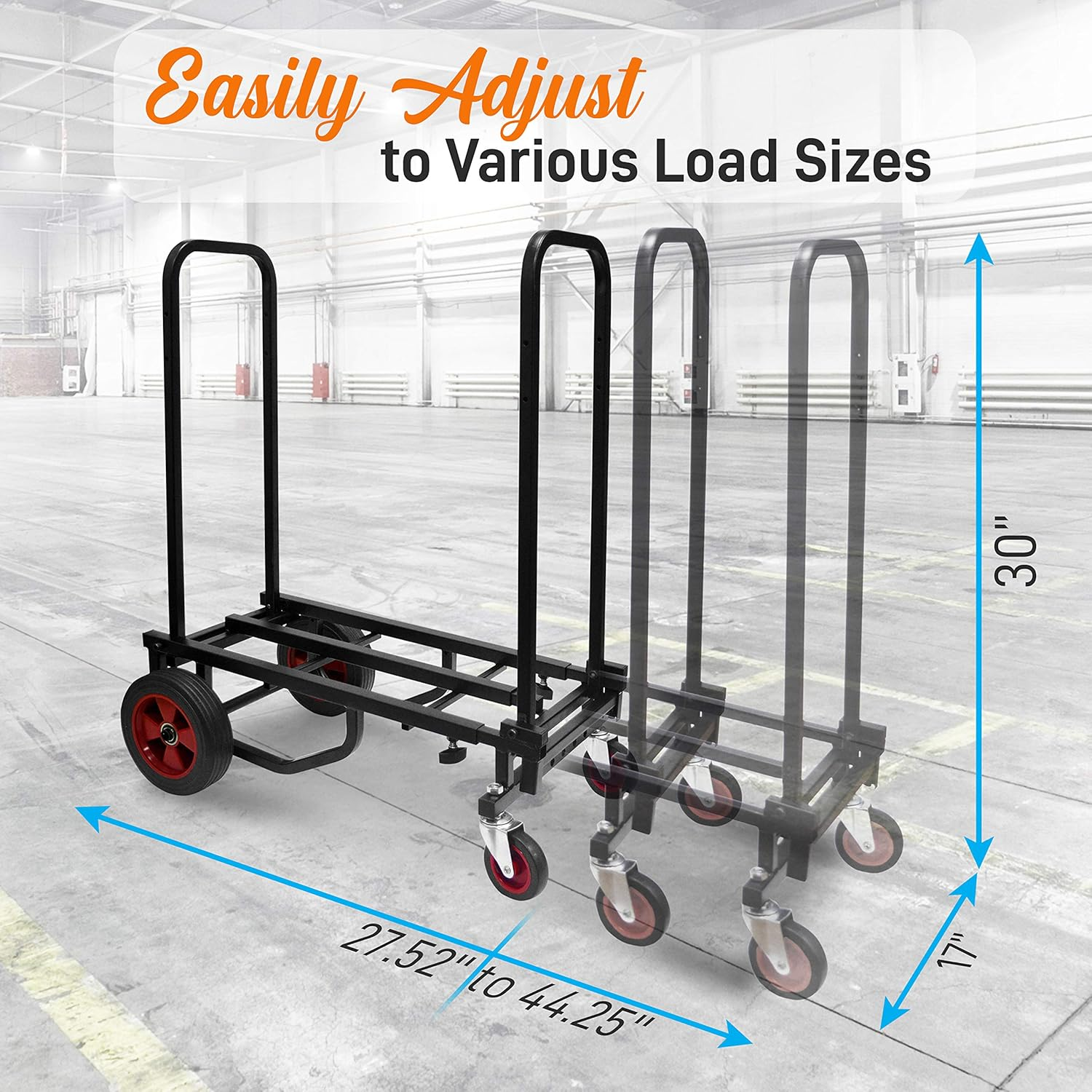 Adjustable Professional Equipment Cart: Compact 8-in-1 folding multi-cart, hand truck, dolly, and platform cart, extends from 27.52'' to 44.25''