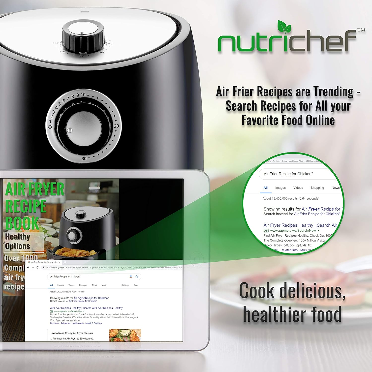 Nutrichef PKAIRFR18 Air Fryer Oven, 2 Quart Capacity - 1000W Oilless Dry Fryer for Families. Features a Removable Non-Stick Teflon Fry Basket and Roasting Plate