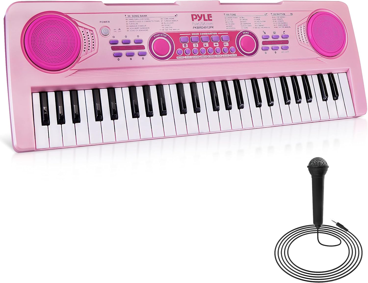 PYLE 49-Key Electric Keyboard - Portable Digital Karaoke Piano with 100 Tunes/Rhythms, 50 Demo Songs, Rechargeable Battery, and Wired Microphone - Ideal for Beginners, Kids, and Adults - Pink (PKBRD4912PK)