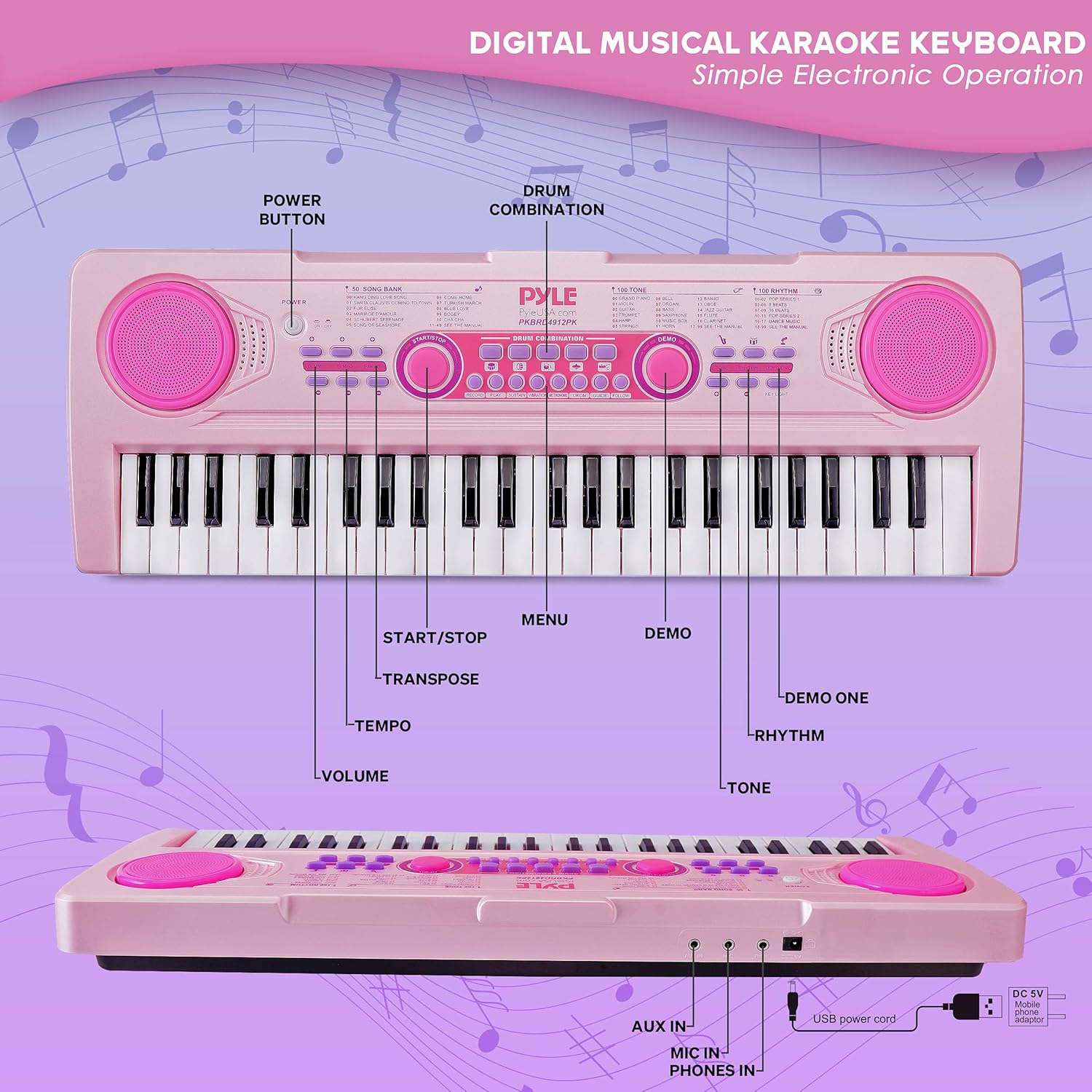 PYLE 49-Key Electric Keyboard - Portable Digital Karaoke Piano with 100 Tunes/Rhythms, 50 Demo Songs, Rechargeable Battery, and Wired Microphone - Ideal for Beginners, Kids, and Adults - Pink (PKBRD4912PK)