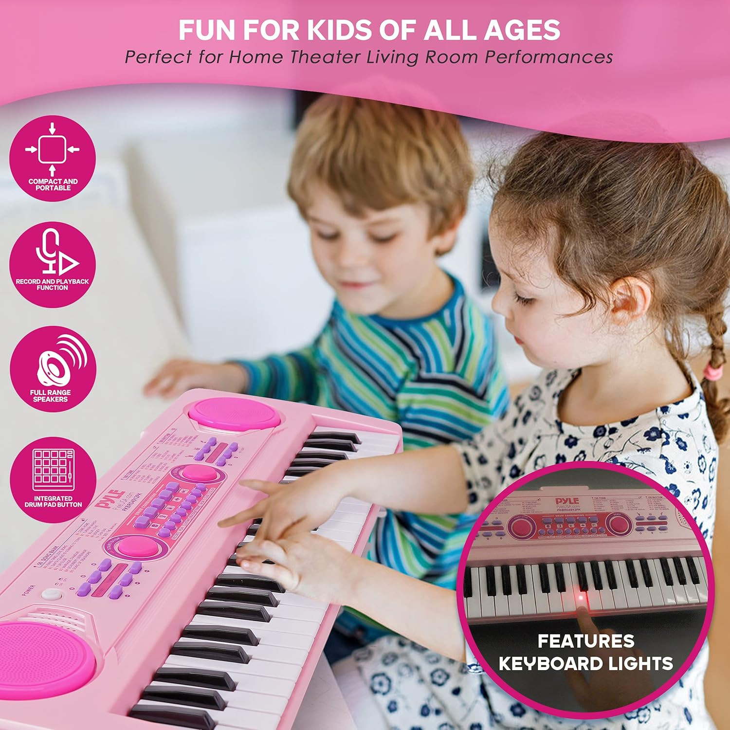 PYLE 49-Key Electric Keyboard - Portable Digital Karaoke Piano with 100 Tunes/Rhythms, 50 Demo Songs, Rechargeable Battery, and Wired Microphone - Ideal for Beginners, Kids, and Adults - Pink (PKBRD4912PK)