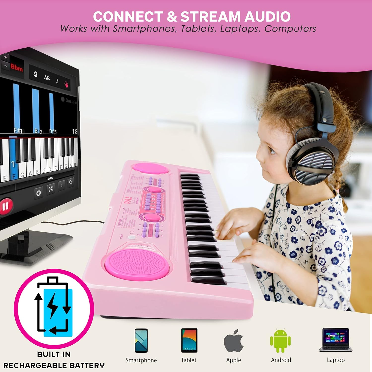 PYLE 49-Key Electric Keyboard - Portable Digital Karaoke Piano with 100 Tunes/Rhythms, 50 Demo Songs, Rechargeable Battery, and Wired Microphone - Ideal for Beginners, Kids, and Adults - Pink (PKBRD4912PK)