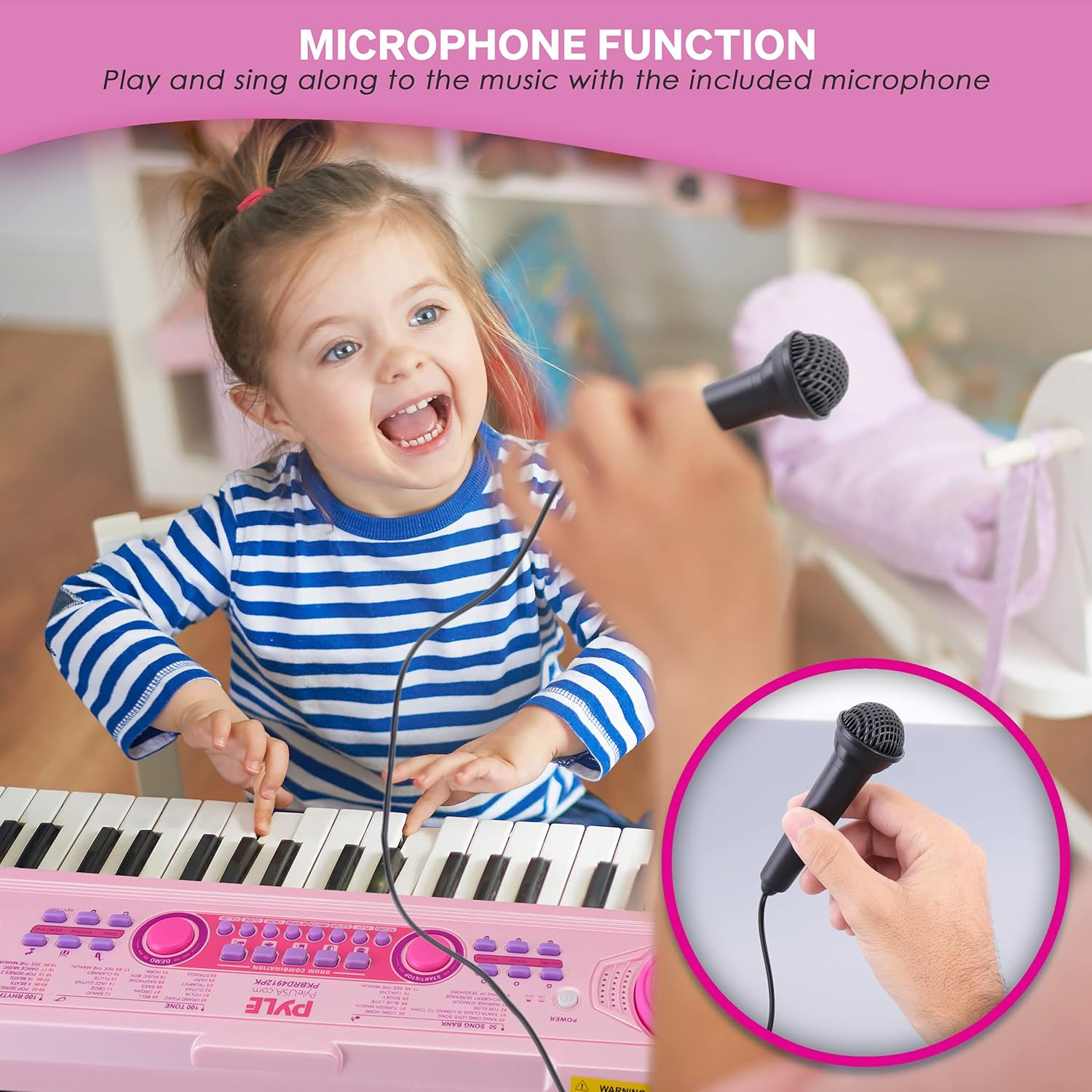 PYLE 49-Key Electric Keyboard - Portable Digital Karaoke Piano with 100 Tunes/Rhythms, 50 Demo Songs, Rechargeable Battery, and Wired Microphone - Ideal for Beginners, Kids, and Adults - Pink (PKBRD4912PK)