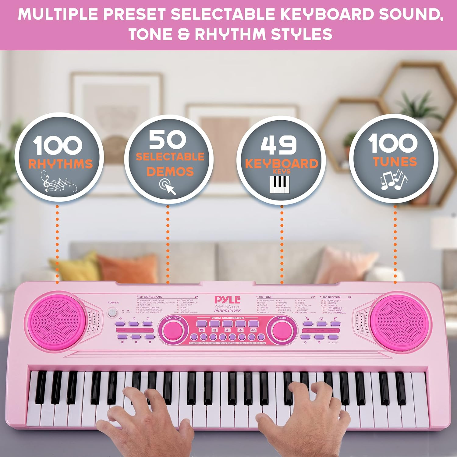 PYLE 49-Key Electric Keyboard - Portable Digital Karaoke Piano with 100 Tunes/Rhythms, 50 Demo Songs, Rechargeable Battery, and Wired Microphone - Ideal for Beginners, Kids, and Adults - Pink (PKBRD4912PK)