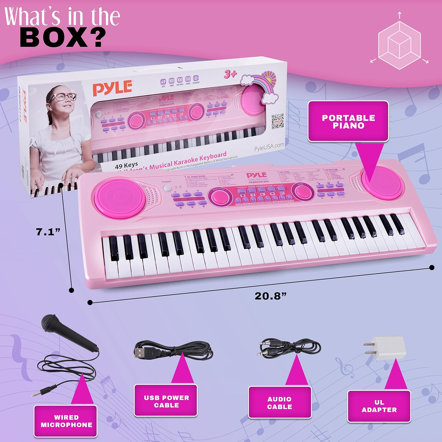 PYLE 49-Key Electric Keyboard - Portable Digital Karaoke Piano with 100 Tunes/Rhythms, 50 Demo Songs, Rechargeable Battery, and Wired Microphone - Ideal for Beginners, Kids, and Adults - Pink (PKBRD4912PK)