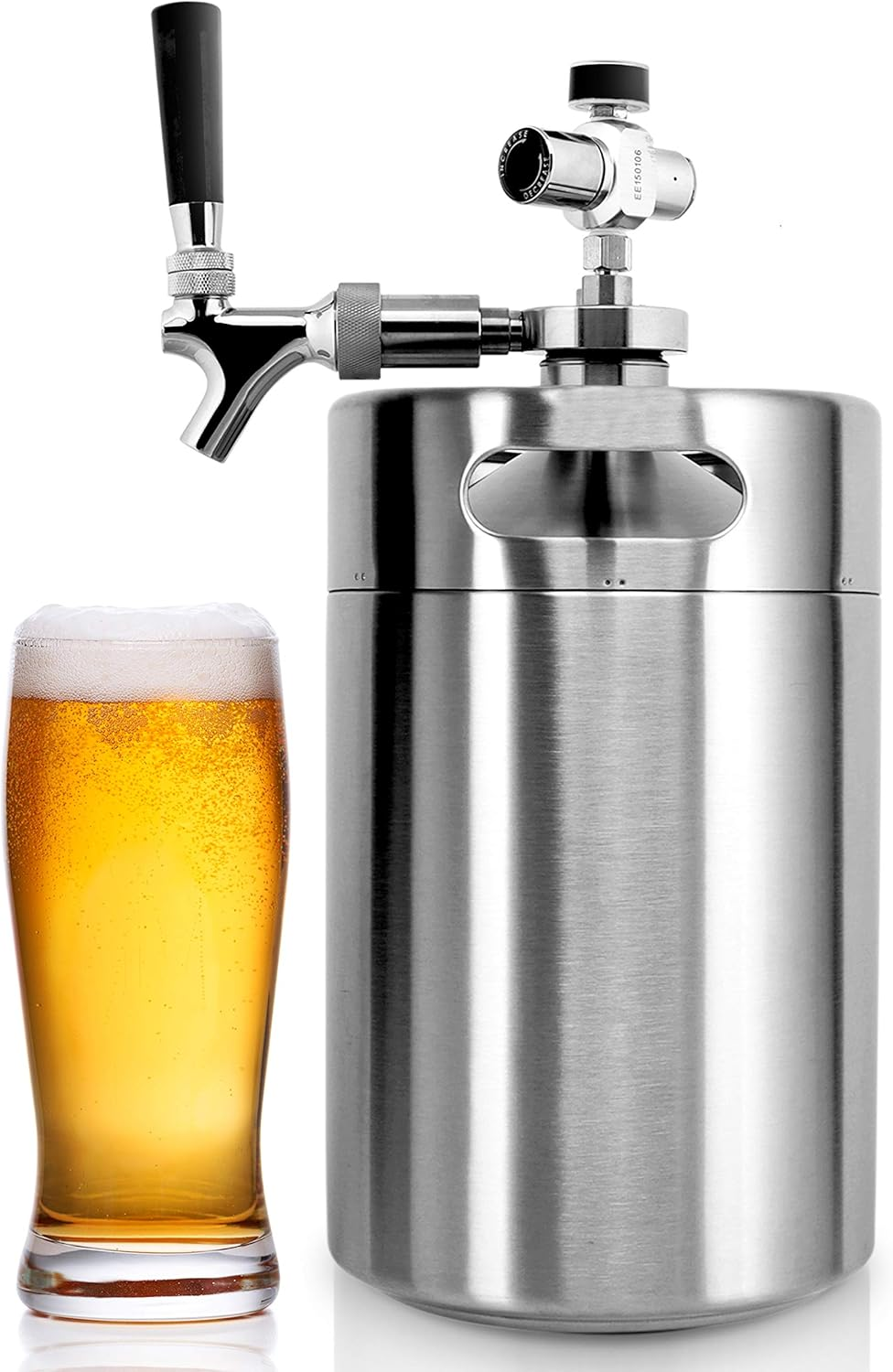 Nutrichef PKBRTP299 Homebrew Beer Dispenser - 128 oz. Double-Wall Mini Keg with Cap Spear, Metal Tap, and CO2 Aluminum Regulator System - One Size, Stainless Steel