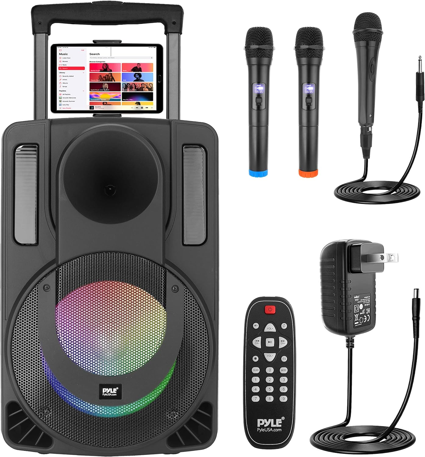 PyleUSA 8” Portable PA Speaker System - Wireless Bluetooth Karaoke Speaker with Two Wireless Mics, Wired Microphone, Tablet Stand, Flashing Lights, MP3/USB/FM Radio - PHPWA8TB