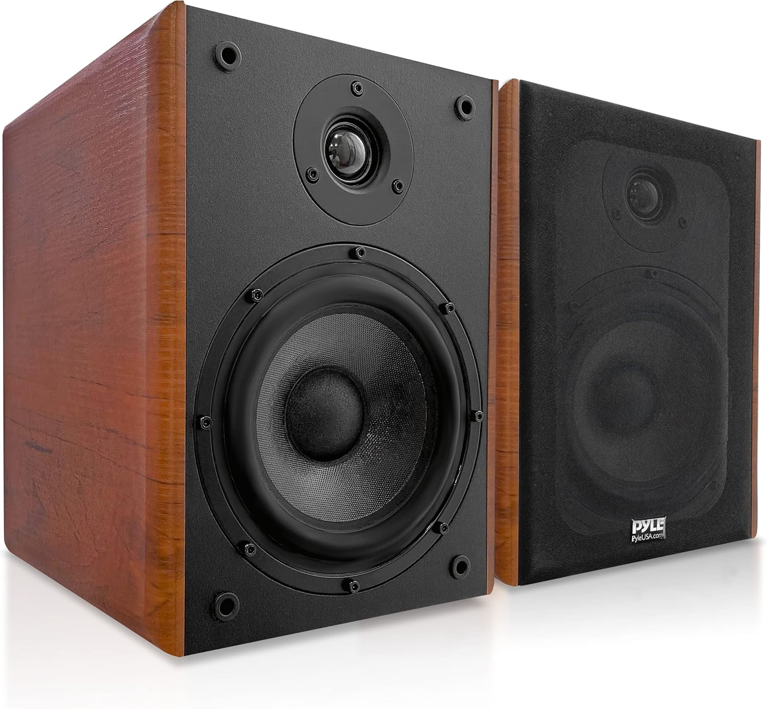 5.25" Home Wooden Bookshelf Speakers - 200W Max Power, featuring a 1” Silk Dome Tweeter, Aluminum Voice Coils, Pair, Gold-Plated 5-Way Binding Posts, Rubber Surrounds, and a Beautiful Wood Grain Finish