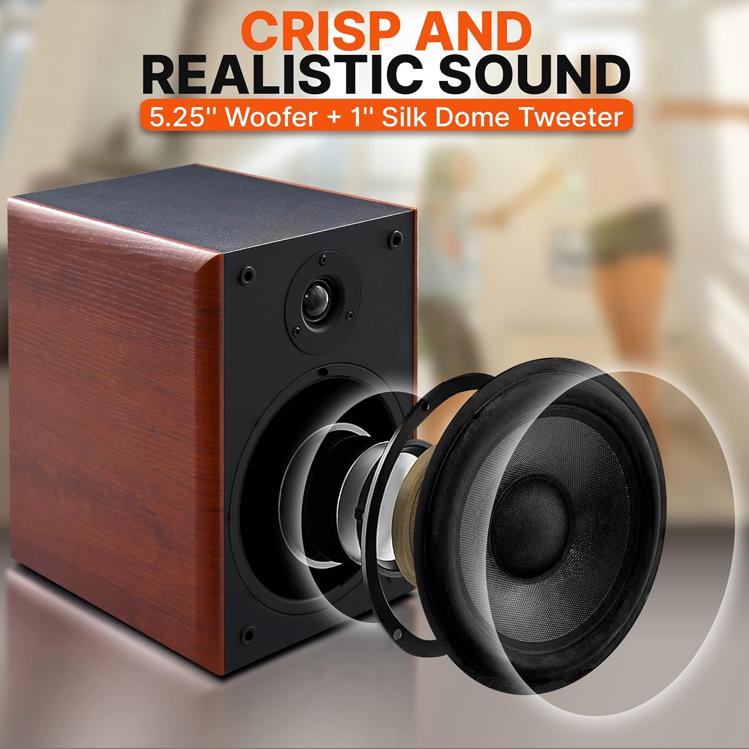 5.25" Home Wooden Bookshelf Speakers - 200W Max Power, featuring a 1” Silk Dome Tweeter, Aluminum Voice Coils, Pair, Gold-Plated 5-Way Binding Posts, Rubber Surrounds, and a Beautiful Wood Grain Finish