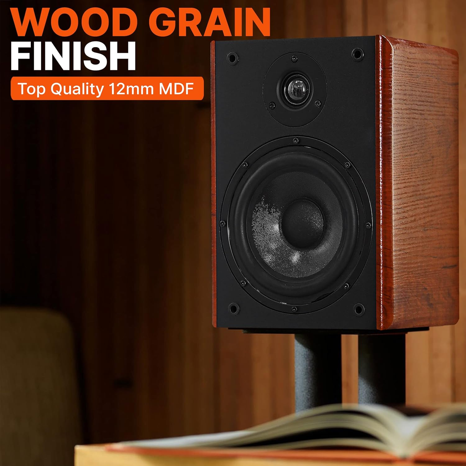 5.25" Home Wooden Bookshelf Speakers - 200W Max Power, featuring a 1” Silk Dome Tweeter, Aluminum Voice Coils, Pair, Gold-Plated 5-Way Binding Posts, Rubber Surrounds, and a Beautiful Wood Grain Finish