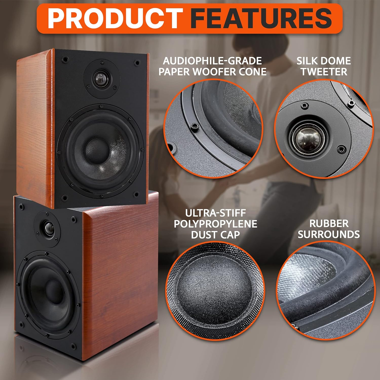 5.25" Home Wooden Bookshelf Speakers - 200W Max Power, featuring a 1” Silk Dome Tweeter, Aluminum Voice Coils, Pair, Gold-Plated 5-Way Binding Posts, Rubber Surrounds, and a Beautiful Wood Grain Finish