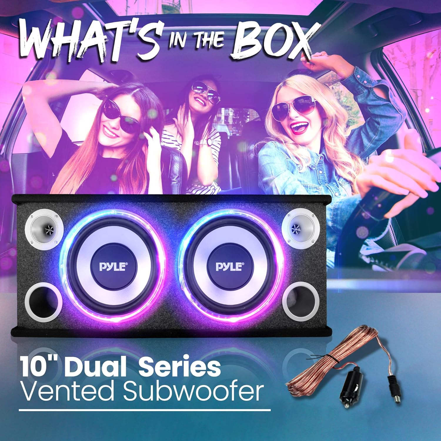 10" Dual Series Vented Subwoofer Enclosure with 4-Layer Dual Voice Coil, High-Powered Woofers, Silver Paper Cone, Rear Vented Design, and Built-in LED Lights - PL210BSL