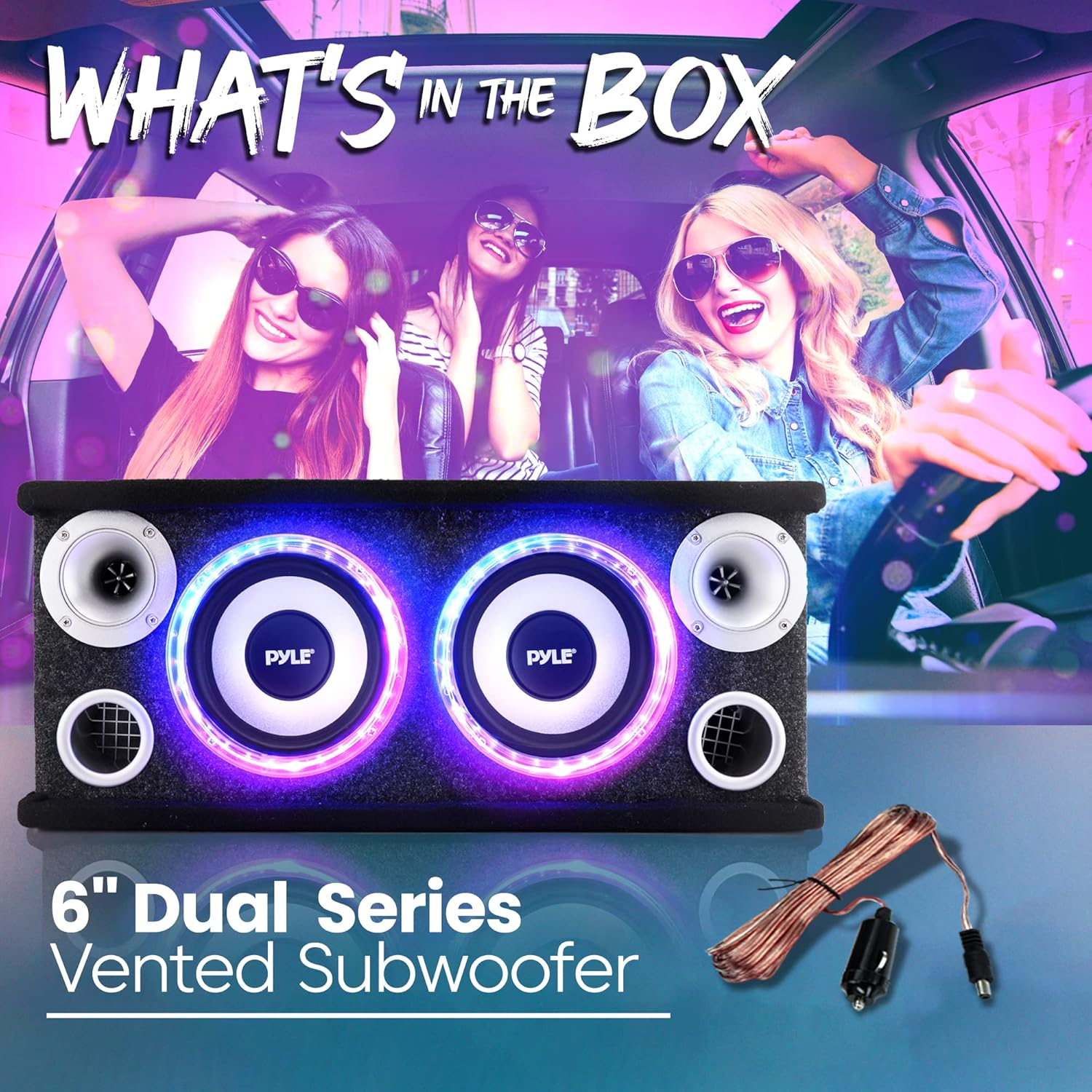 6" Dual Subwoofer Box System with Dual Series Vented Enclosure, Rear Vented Design, Built-in LED Lights, 2 x 200W Max Power, and Two 4" Tweeters