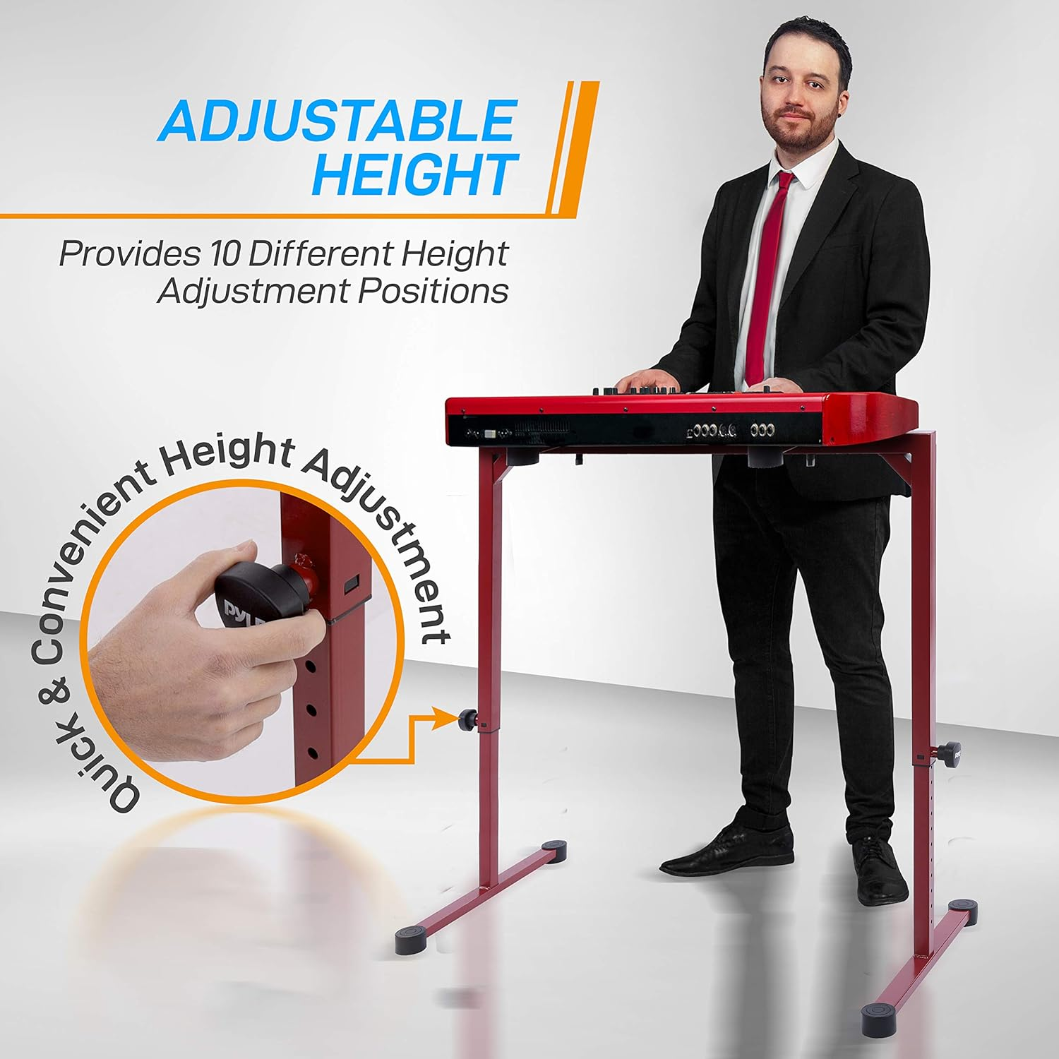 PYLE Keyboard Stand, Universal Heavy-Duty Piano Stand with Adjustable Height and Width, Portable and Sturdy Electric/Digital Piano Holder Rack with Protective Rubber Discs—Ideal for Sitting and Standing Performances