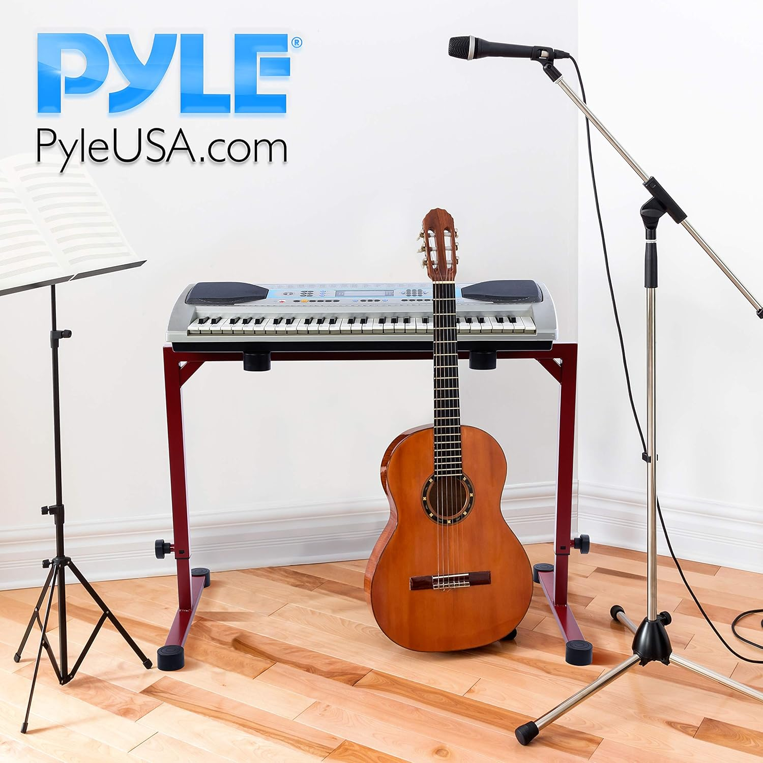 PYLE Keyboard Stand, Universal Heavy-Duty Piano Stand with Adjustable Height and Width, Portable and Sturdy Electric/Digital Piano Holder Rack with Protective Rubber Discs—Ideal for Sitting and Standing Performances