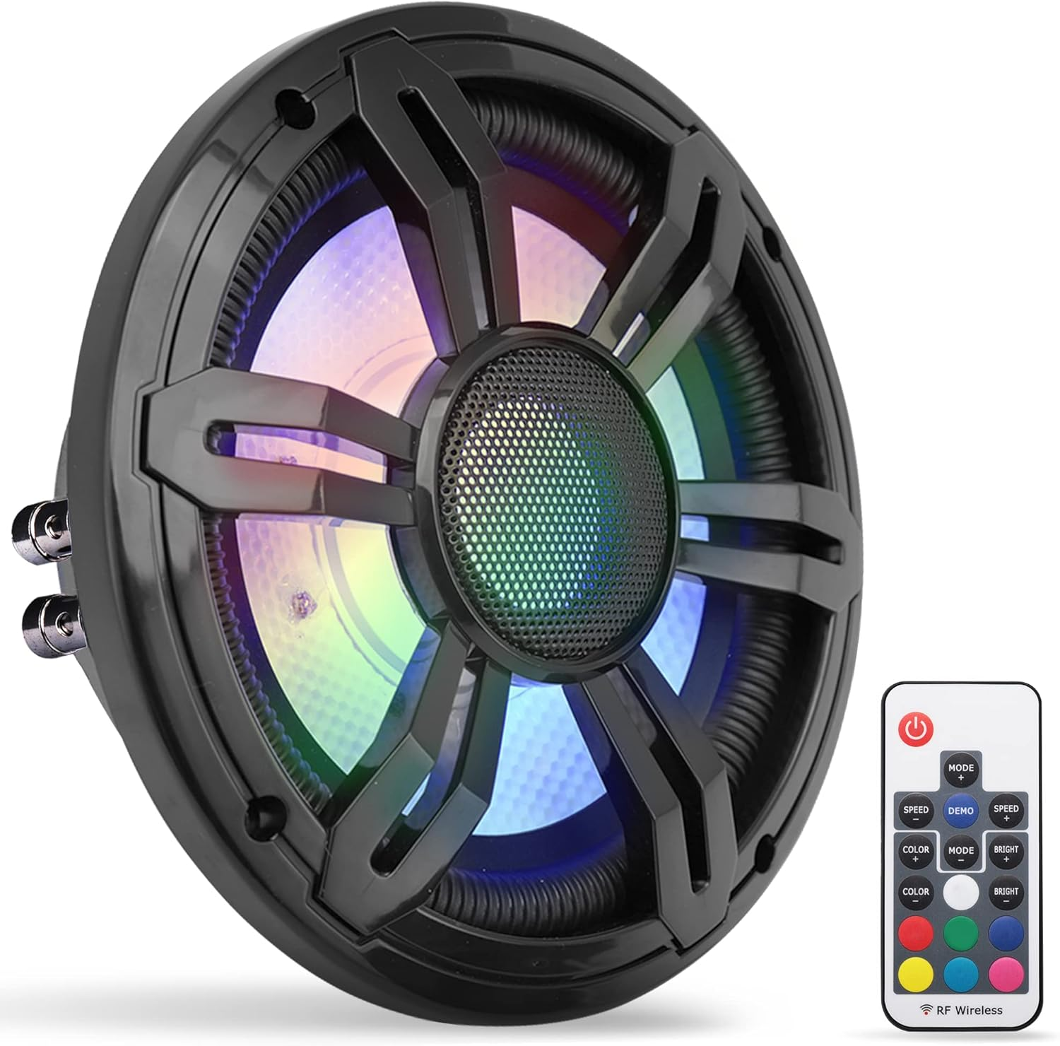 8-Inch Slim Waterproof Subwoofer – 300W Dual 4-Ohm Car Audio Powered Subwoofer with Multi-Color RGB Lights and Remote Control, featuring a PP Cone with Rubber Edge (Black) PLRGSW84BK